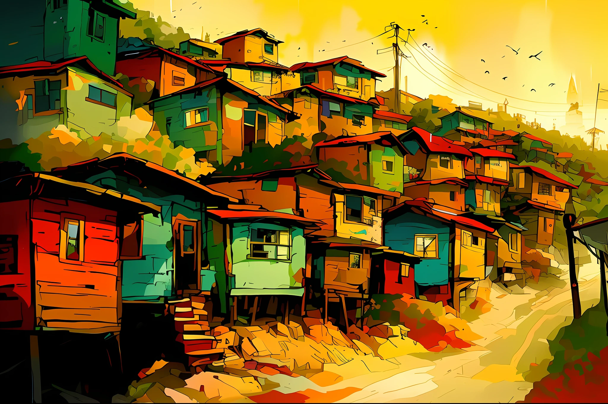 painting of a painting of a street with houses on the side, vibrant digital painting, colorful digital painting, in style of digital painting, in stunning digital paint, low detailed. digital painting, digtial painting, painterly illustration, in style of digital illustration, shanty townships, digital cartoon painting art, painted digital art, oil digital painting, digital painting style