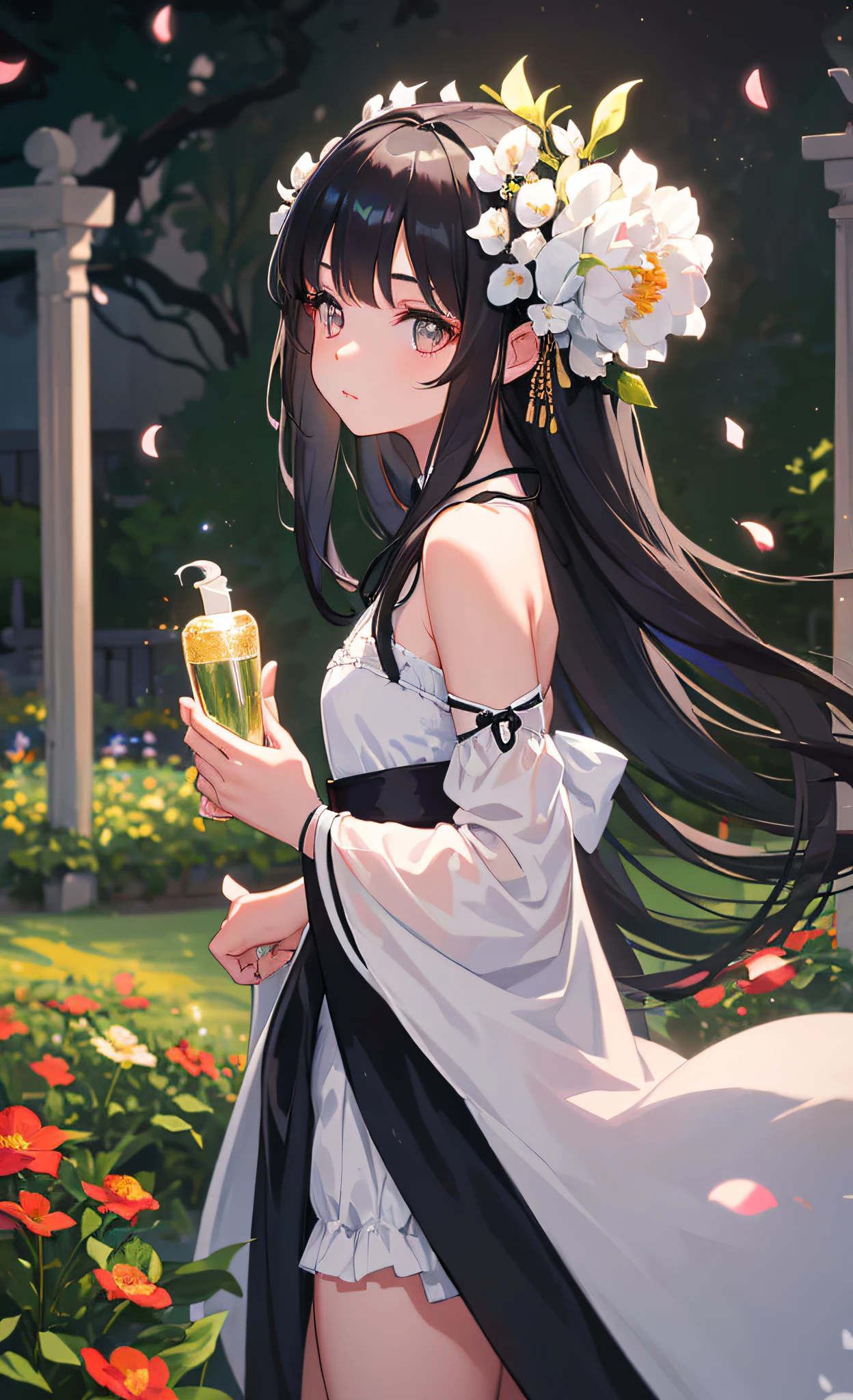(: 1.5), lace, ribbon, Hanfu, (masterpiece, side light, delicate and beautiful gray eyes: 1.2), masterpiece, realistic, glowing eyes, shiny hair, black hair, long hair, shiny skin, solo, awkward, tube top, delicate, beautiful, garden, flowers, fluttering petals,