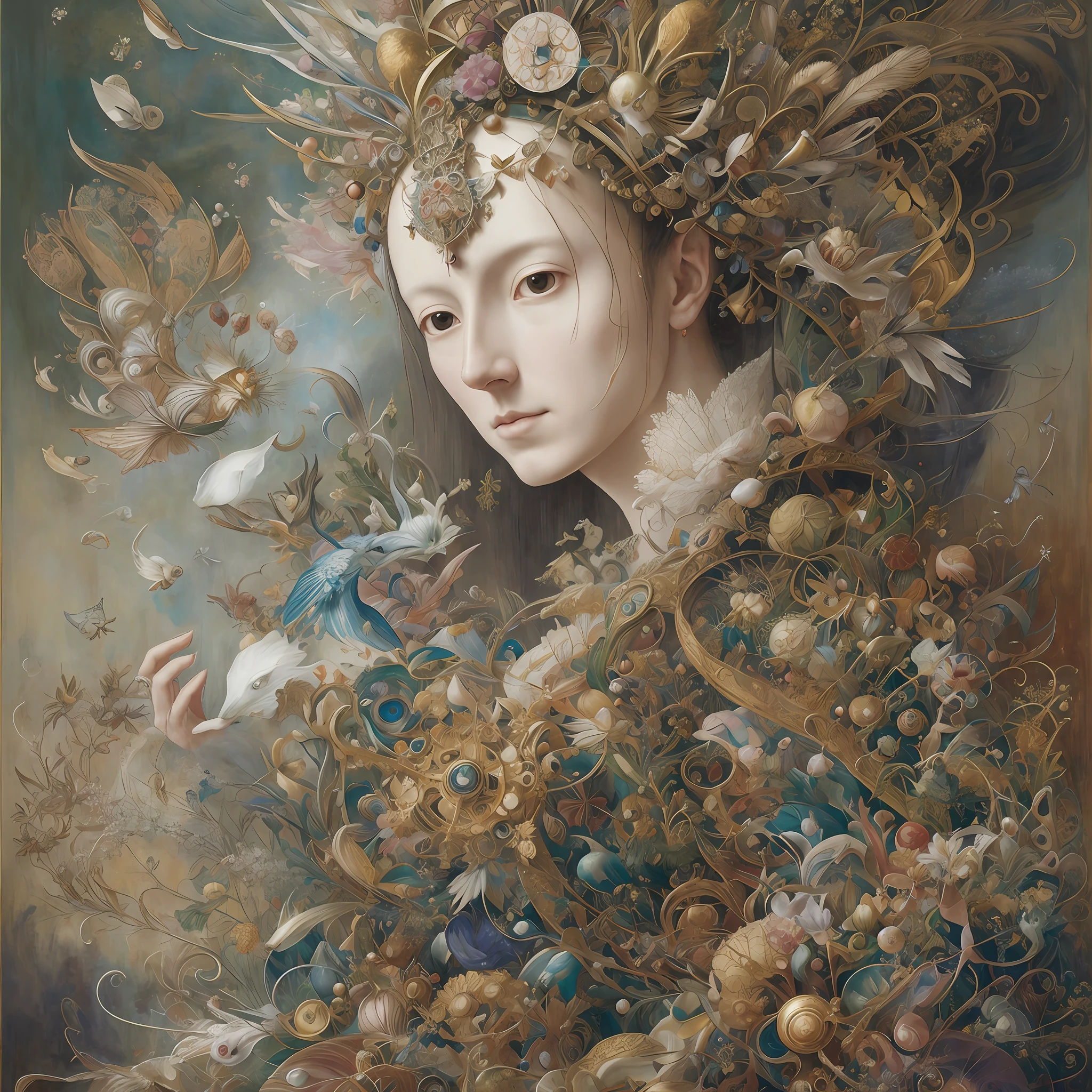 an elder of Yoshitaka Amano, Ellen Jewett , Leonora Carrington, Jan Brueghel et Hendrick Van Balen :: A detailed, elegant, intricate and colorful portrait in mixed media :: A masterpiece of surreal art, a vibrant painting --auto --s2