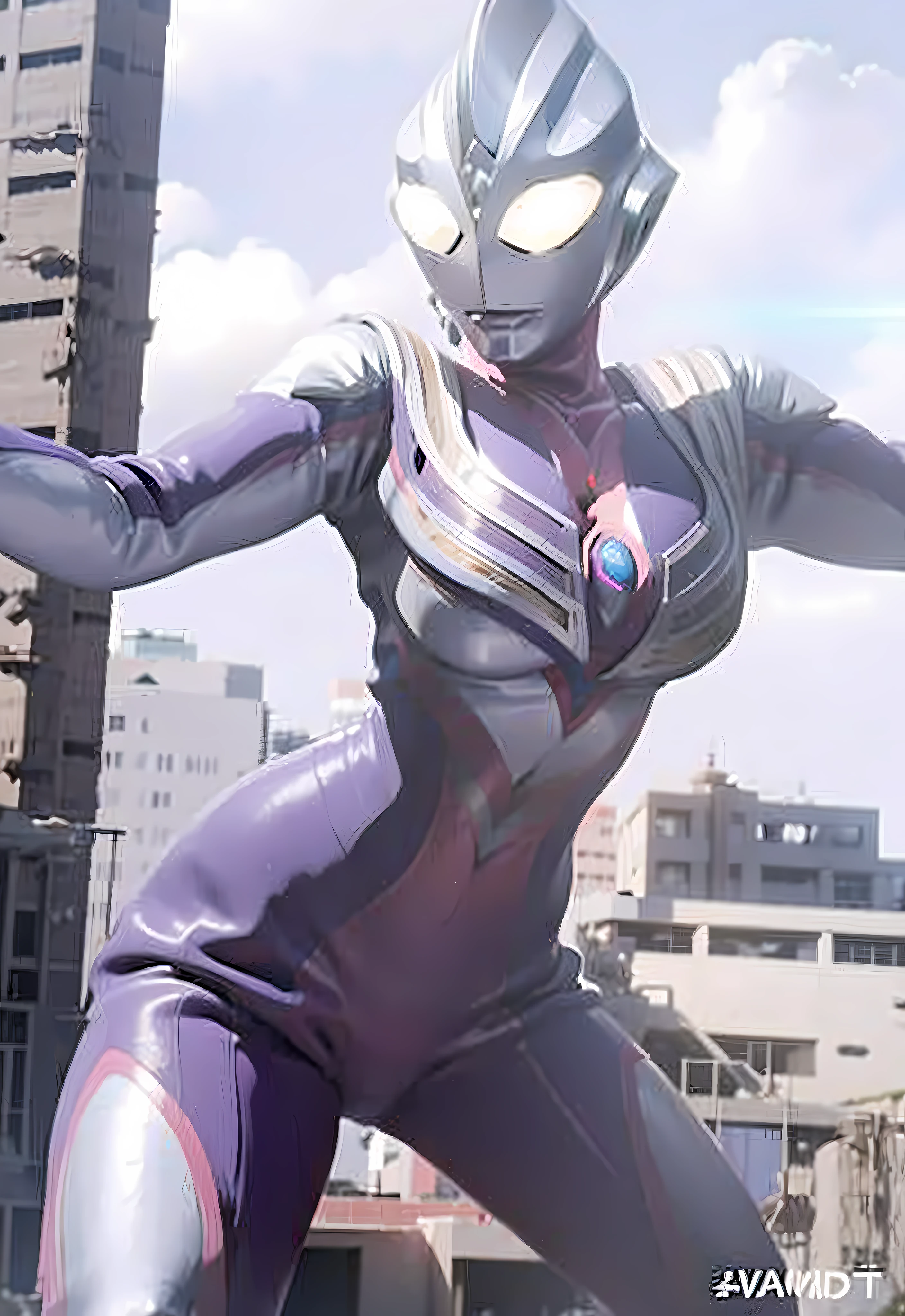 a close up of a person in a purple and white suit, anime cgi style, anime cgi, perfect dynamic pose, thicc, tokusatsu suit vaporwave, attack pose, gynoid body, powerful pose, most strongest pose, purple body, villain pose, dramatic powerful pose, wearing tight suit, badass pose, hyper ultra detailed