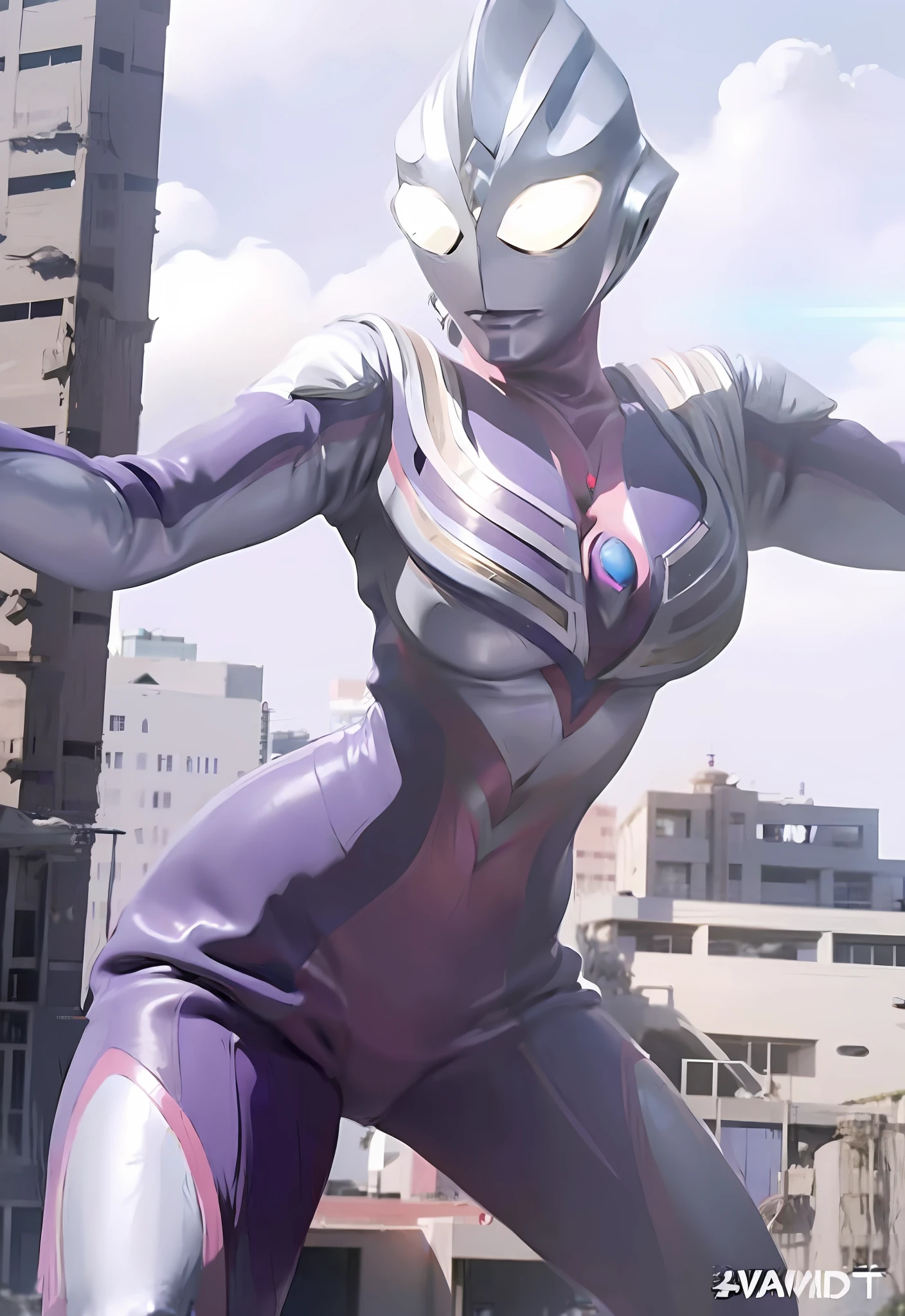 a close up of a person in a purple and white suit, anime cgi style, anime cgi, perfect dynamic pose, thicc, tokusatsu suit vaporwave, attack pose, gynoid body, powerful pose, most strongest pose, purple body, villain pose, dramatic powerful pose, wearing tight suit, badass pose, hyper ultra detailed