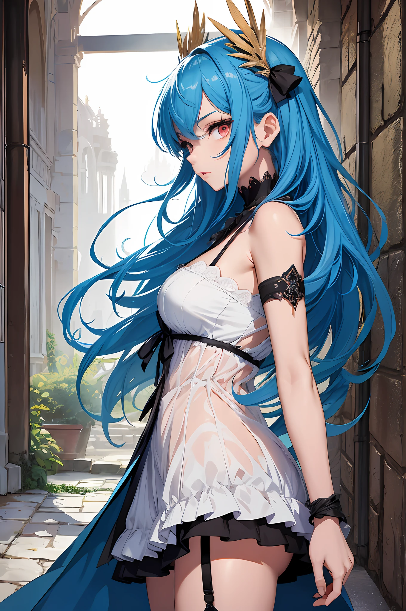 Absurdity, super detail, masterpiece, top quality, break, official art, (beautiful and aesthetic: 1.2), (watercolor: medium), break, furious eyes, big eyes, sharp eyes, bad eyes, long eyelashes, beautiful girl, (cute: 1.3), 25 years old, break, red ribbon, long hair, colorful hair, splash, (mixed blue and light blue hair: 1.2), (fractal art 1.2), disheveled hair, break, sexy, orange, colorful sundress, tangerine-like color, bare shoulders, black ribbon on belly, orange, break, red eyes, red, break, from the side, watch the viewer, break, evening, ancient castle, ancient ruins, ruins, break, bewitching, god of beauty, break, beautiful, black big wings, wings of Icarus, beautiful, break, black wristband, break, garter belt, break,