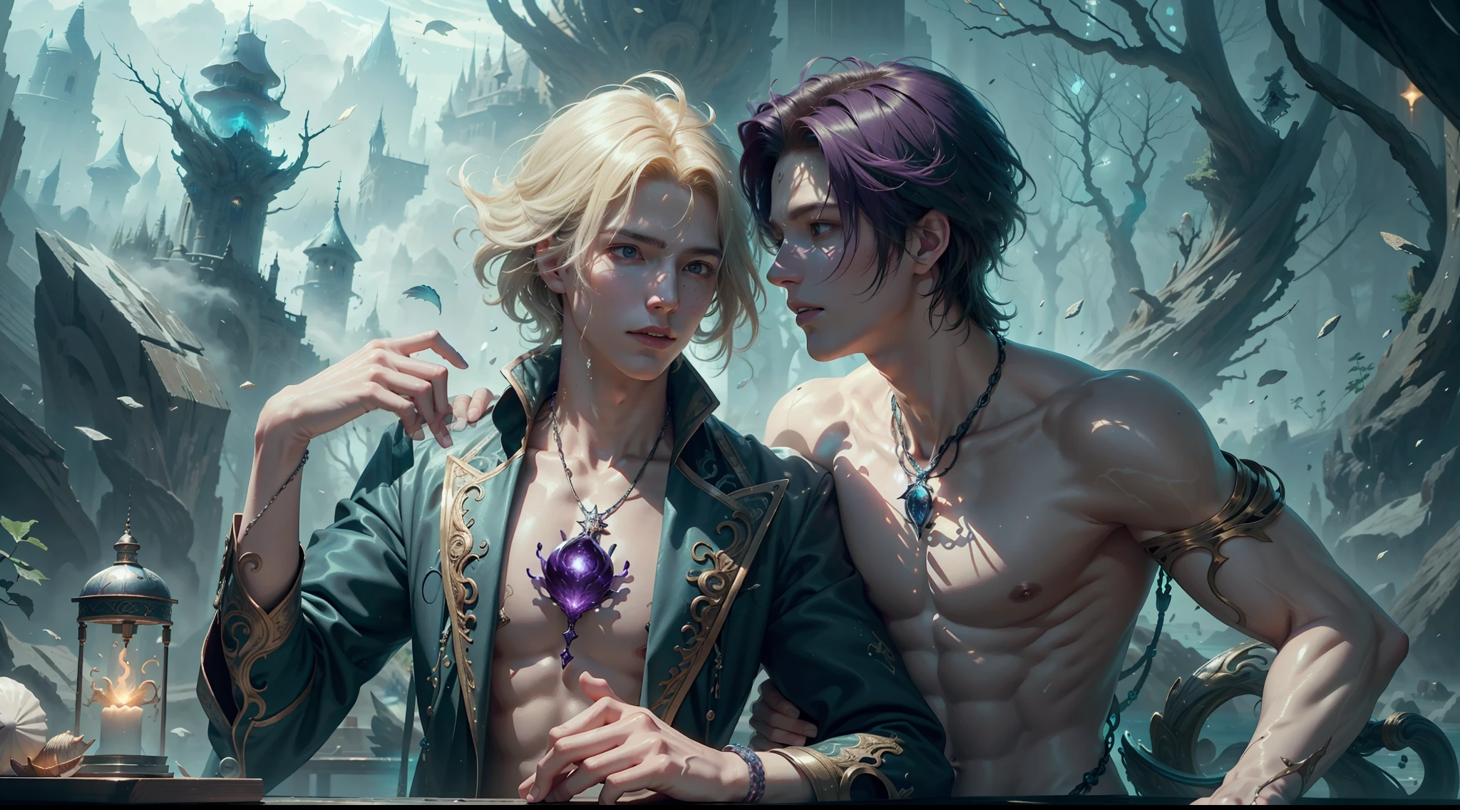 Multi-person interaction, intimate couple, beautiful composition, gorgeous underwater light, "1boy, (Sousuke Aozen), close-up, badass pose, bleach, powerful aura, purple aura", HD, unparalleled masterpiece, dynamic lighting, movie, epic, and "1girl, (dynamic pose), confident powerful mysterious smile, beautiful blonde, (perfect facial features)", (Enchanted Forest: 1.3), (Magic Glow: 1.2), Elegant Atmosphere, (Secluded Beach: 0.8), (Seashell: 0.9), (Flawless Skin: 1.2), breathtaking details. (Masterpiece, best quality: 1.2),