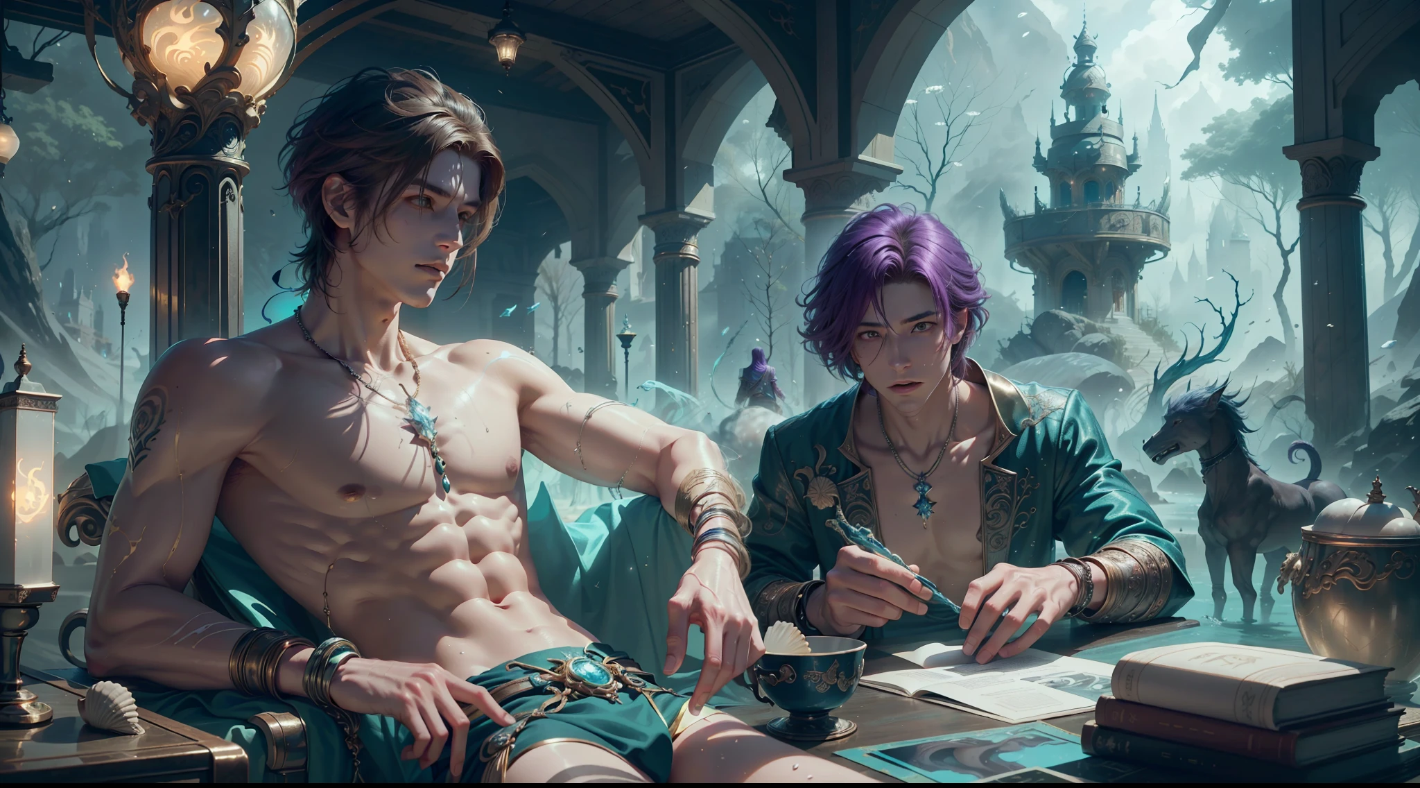 Multi-person interaction, intimate couple, beautiful composition, gorgeous underwater light, "1boy, (Sousuke Aozen), close-up, badass pose, bleach, powerful aura, purple aura", HD, unparalleled masterpiece, dynamic lighting, movie, epic, and "1girl, (dynamic pose), confident powerful mysterious smile, beautiful blonde, (perfect facial features)", (Enchanted Forest: 1.3), (Magic Glow: 1.2), Elegant Atmosphere, (Secluded Beach: 0.8), (Seashell: 0.9), (Flawless Skin: 1.2), breathtaking details. (Masterpiece, best quality: 1.2),