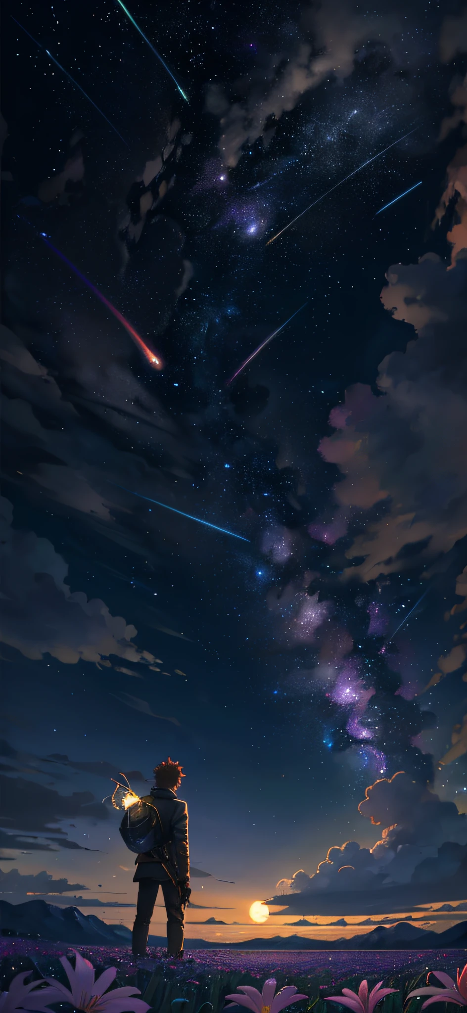 Vast landscape photo, (viewed from below, the sky is above and the open field is below), a boy with wings both side of his back, standing on a flower field looking up, (full moon: 1.2), (meteor: 0.9), (nebula: 1.3), distant mountains , Trees BREAK Crafting Art, (Warm Light: 1.2), (Fireflies: 1.2), Lights, Lots of Purple and Orange, Intricate Details, Volumetric Lighting, Realism BREAK (Masterpiece: 1.2), (Best Quality), 4k, Ultra-Detailed, (Dynamic Composition: 1.4), Very Detailed, Colorful Details, (Rainbow Colors: 1.2), (Glow Lighting, Atmospheric Lighting), Dreamy, Magical, (Solo: 1.2)