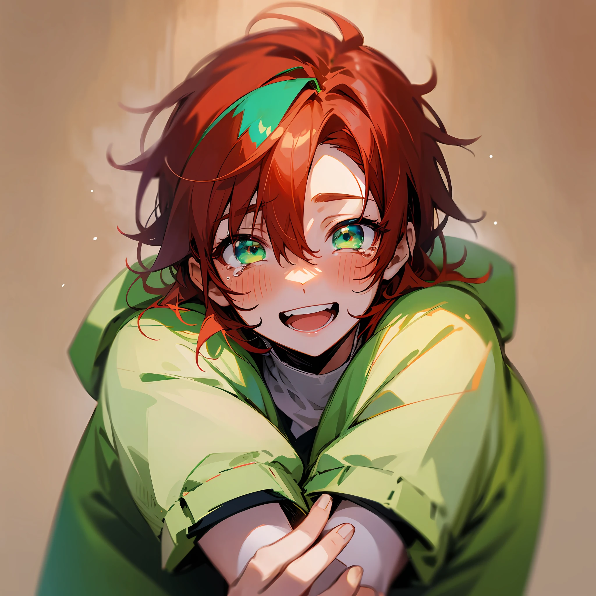 Anime character, happy because he found his love and is happy, with a cute smile, and with eyes with a little tears of happiness, with green eyes, looking forward with his arms together hugging himself, dark red hair, --auto --s2