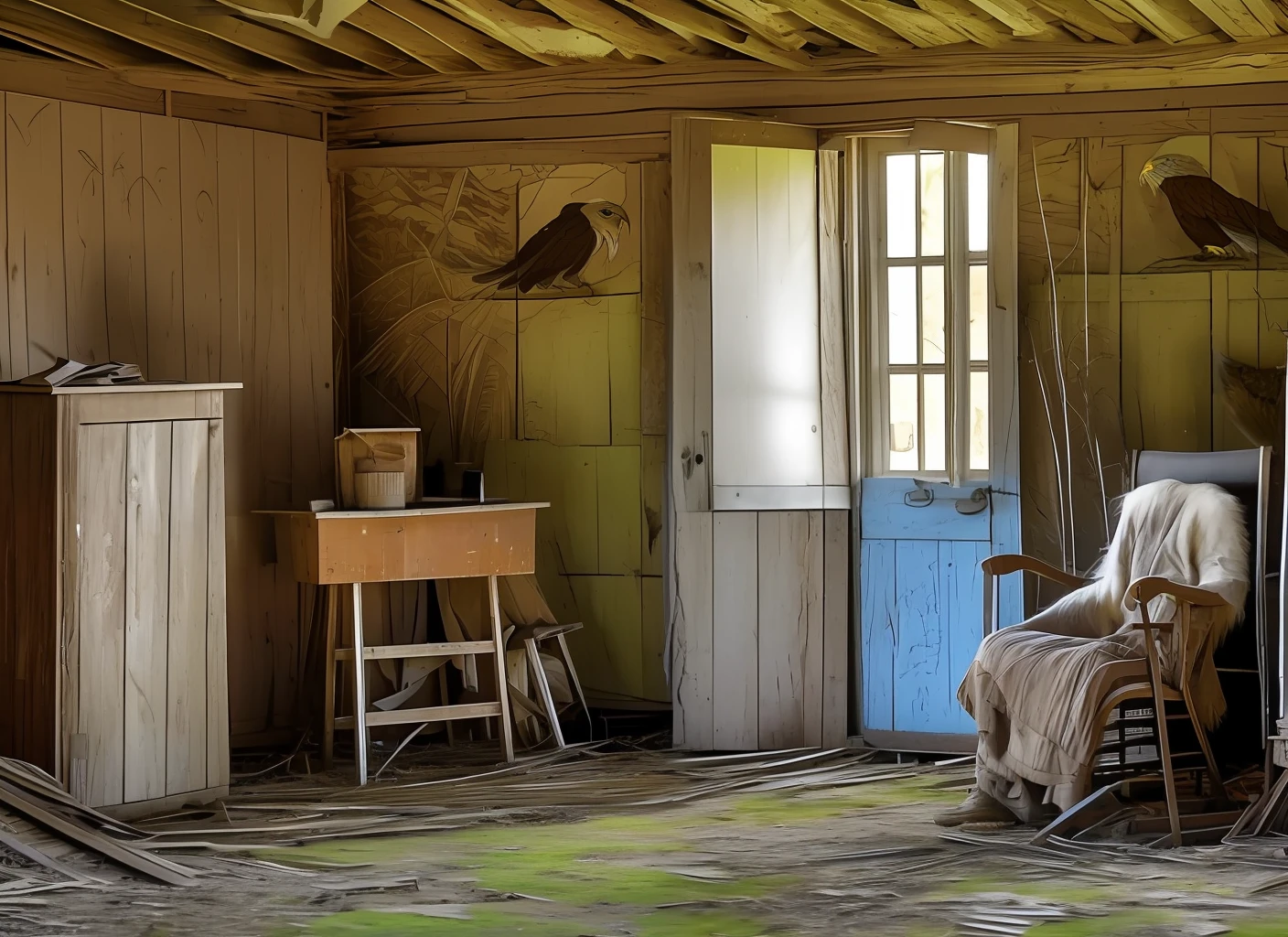 : Image of the wise old man and the eagle in the abandoned barn