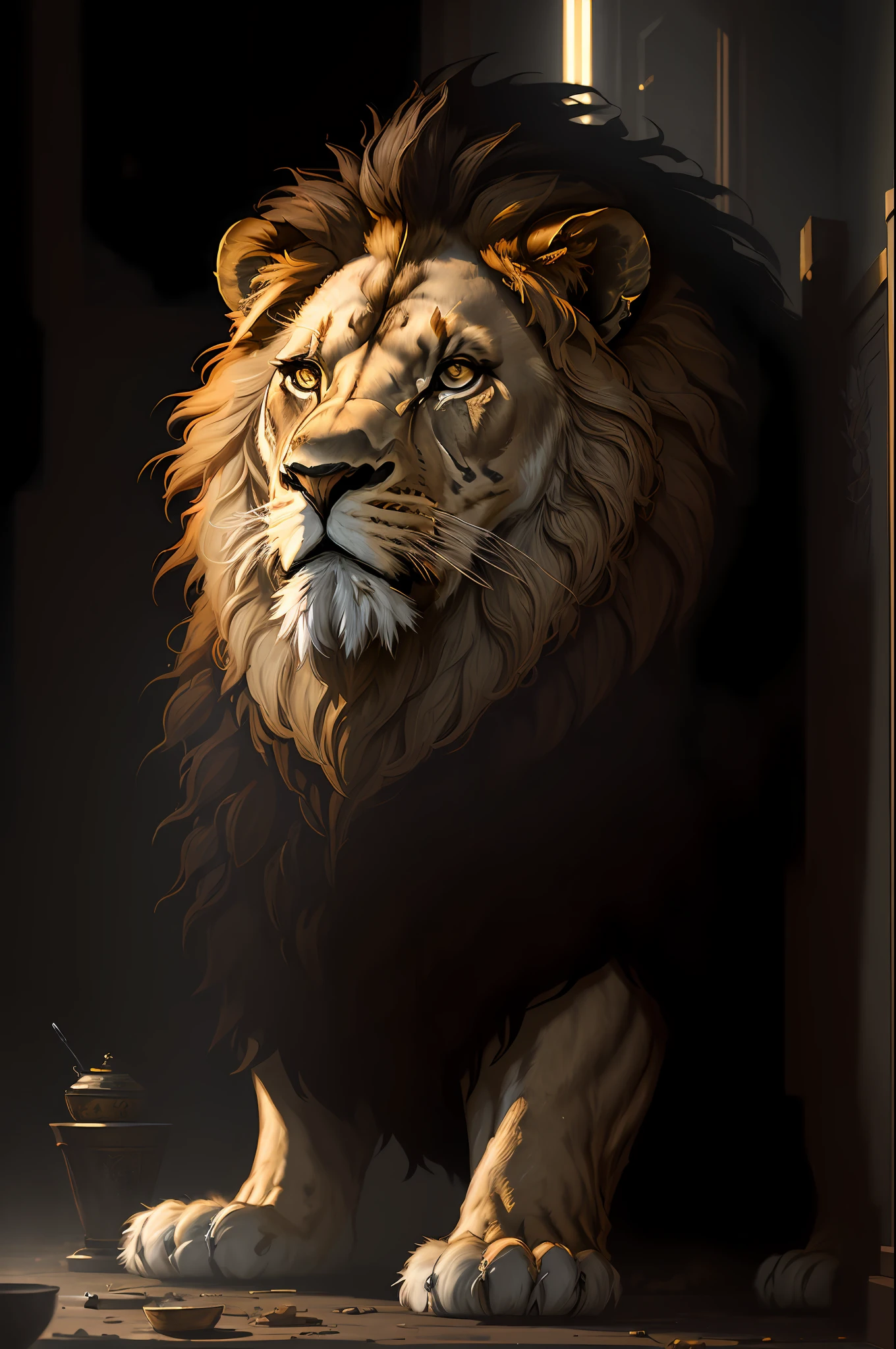 masterpiece, best quality, ((well detailed lion)), (extremely detailed 8k CG unit wallpaper), professional majestic oil painting by Ed Blinkey, Atey Ghailan, Studio Ghibli, by Jeremy Mann, Greg Manchess, Antonio Moro, trend in ArtStation, trends in CGSociety, Intricate, High Detail, Sharp Focus, dramatic and photorealistic painting art by midjourney and greg rutkowski