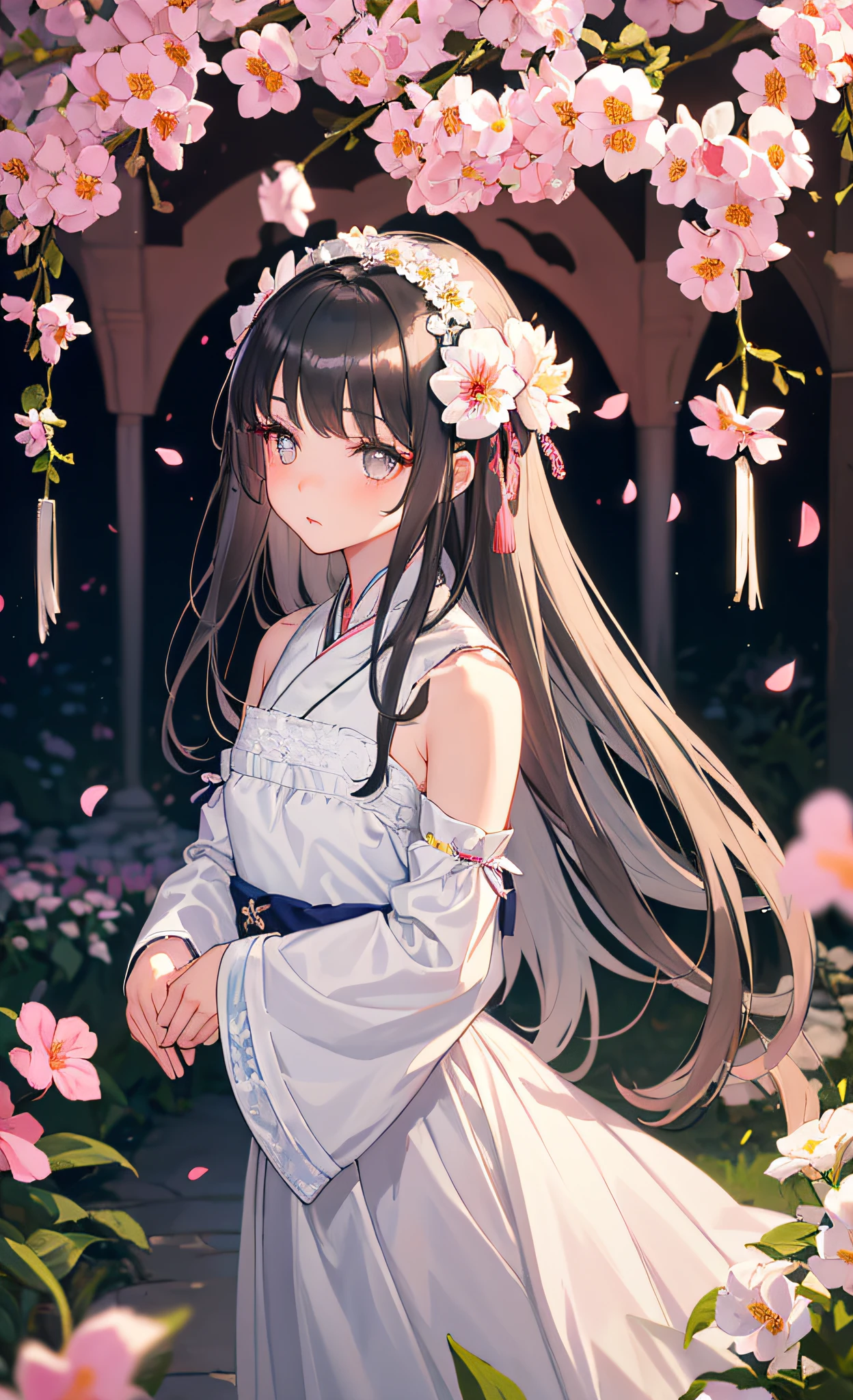 (Little Girl: 1.5), Lace, Ribbon, Hanfu, (Masterpiece, Side Light, Delicate and Beautiful Gray Eyes: 1.2), Masterpiece, Realistic, Glowing Eyes, Shiny Hair, Dark Hair, Shiny Skin, Celibate, Embarrassed, Bare Shoulders, Delicate, Beautiful, Garden, Flowers, Fluttering Petals,