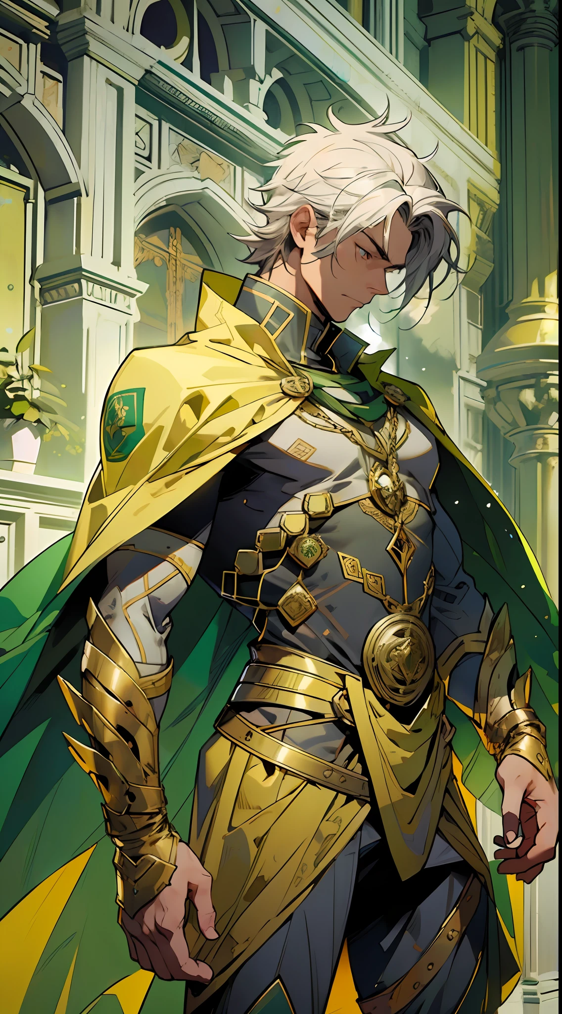 Draw a hero wearing a green and gold costume. The costume should have bright gold details that highlight the hero's appearance. He must also be wearing a white hood that covers his head except his face, and a white cape that falls elegantly just on one side of the hero. The cape should be long and flow with the wind, giving the hero a majestic look. The hero must be in a heroic pose, with a determined expression on his face, showing his courage and purpose in protecting the innocent. The AI must create a stunning image that inspires hope and wonder, capturing all the grandeur of this green and gold hero