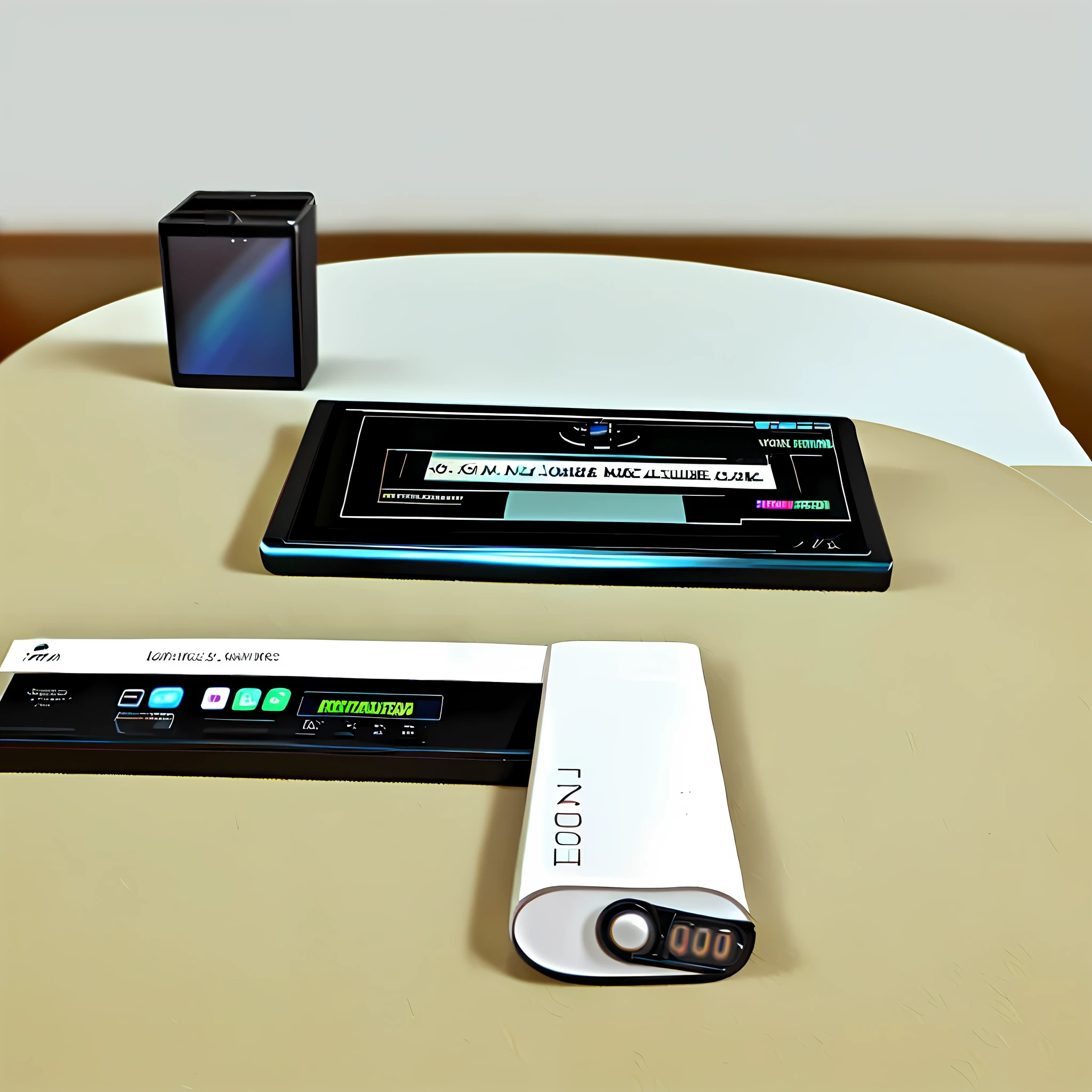 A mini voice recorder on the table, give the voice recorder on the table a close-up, the overall bright style.