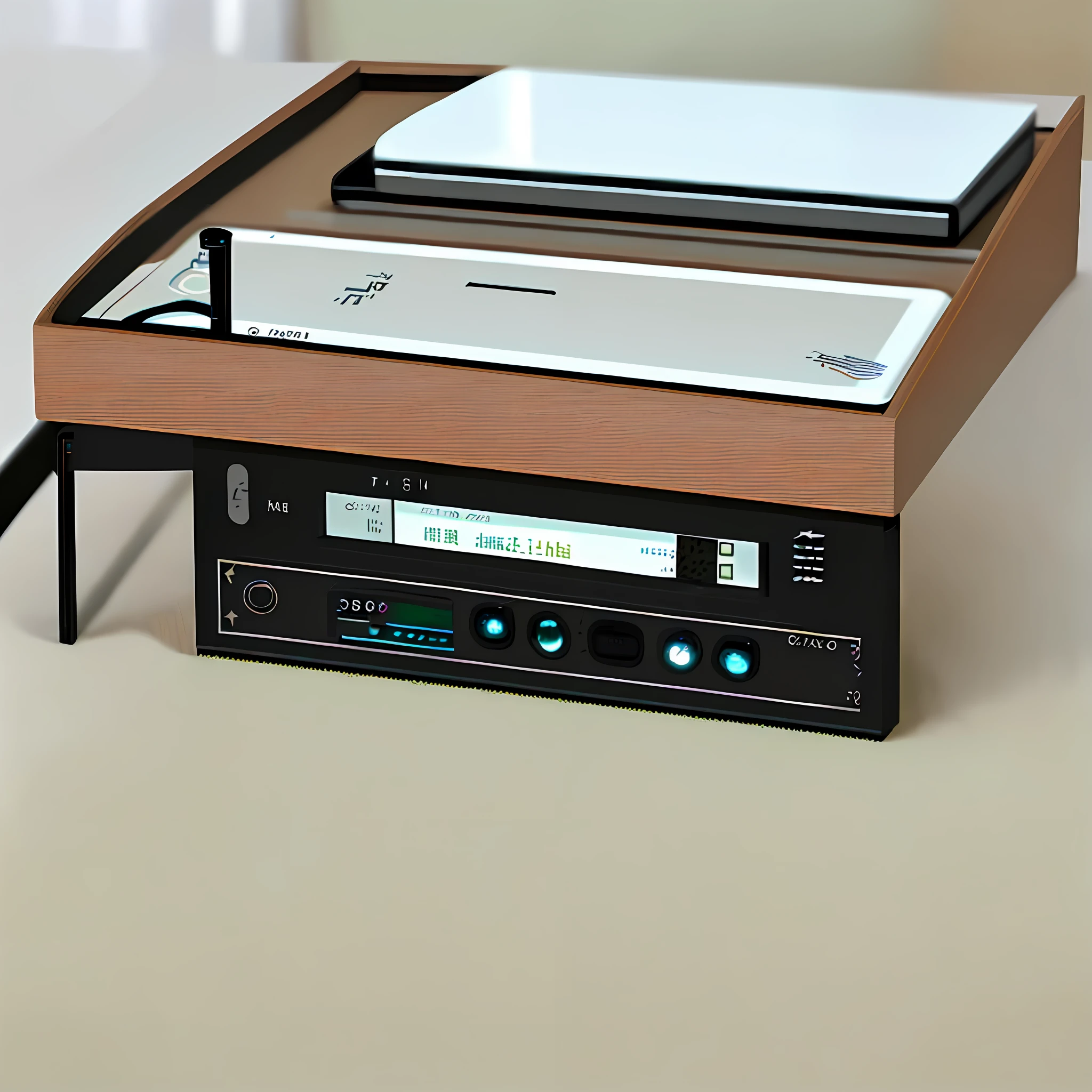 A mini voice recorder on the table, give the voice recorder on the table a close-up, the overall bright style.