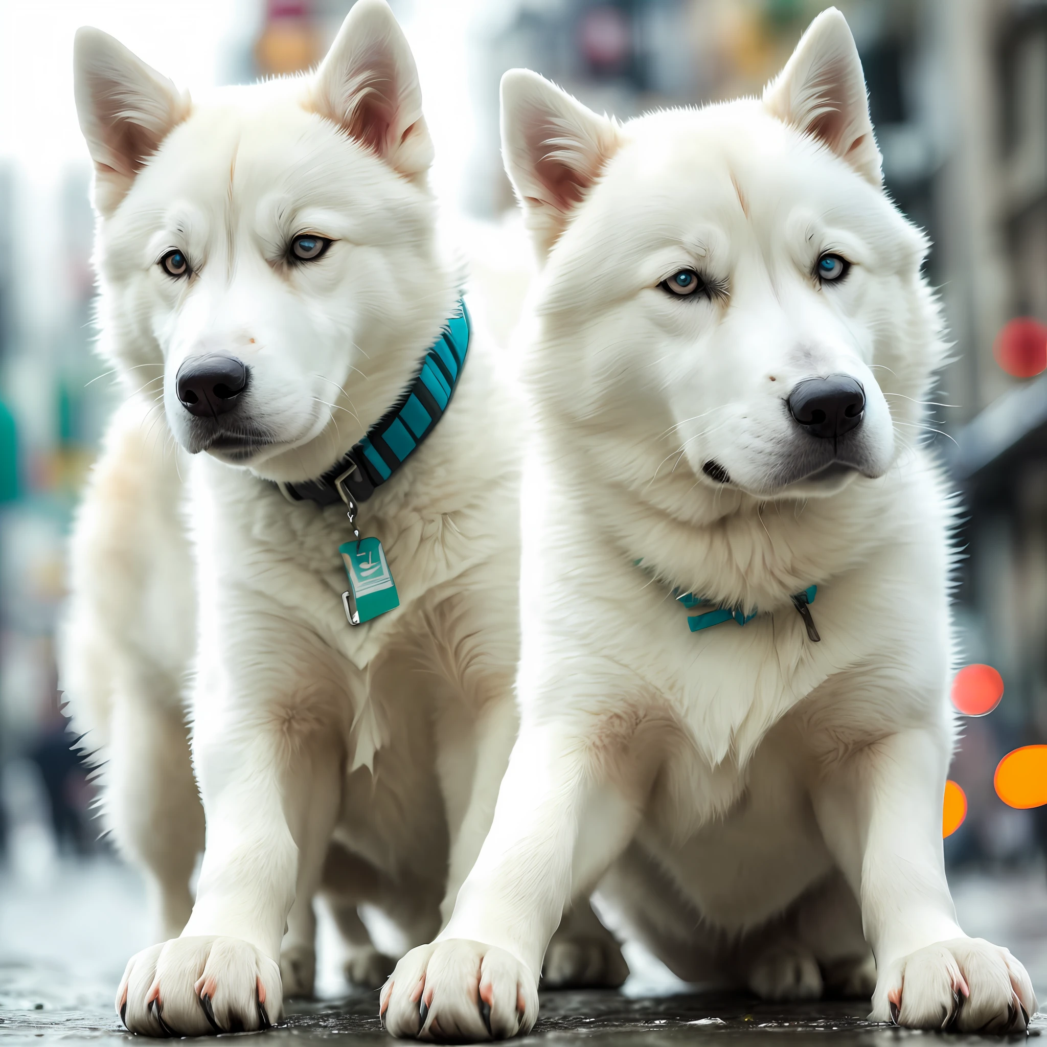 (a closeup: 1.2) of a white fat husky dog sitting on the ground,(busy streets in the background:1.2),ultra detailed hair,(night:1.2),(depth of field:1.1),night town,cinematic shooting,emphasis lines,explosion,motion blur,night,no humans,,outdoors,(rain: 1.2),realistic,sky,water,(wet:1.2),8k uhd,dslr,soft lighting, high quality, (film grain: 1.2), (Fujifilm XT3: 1.2), teal and orange, (National Geographic: 1.2), award-winning, closeup beautiful dog eyes,
