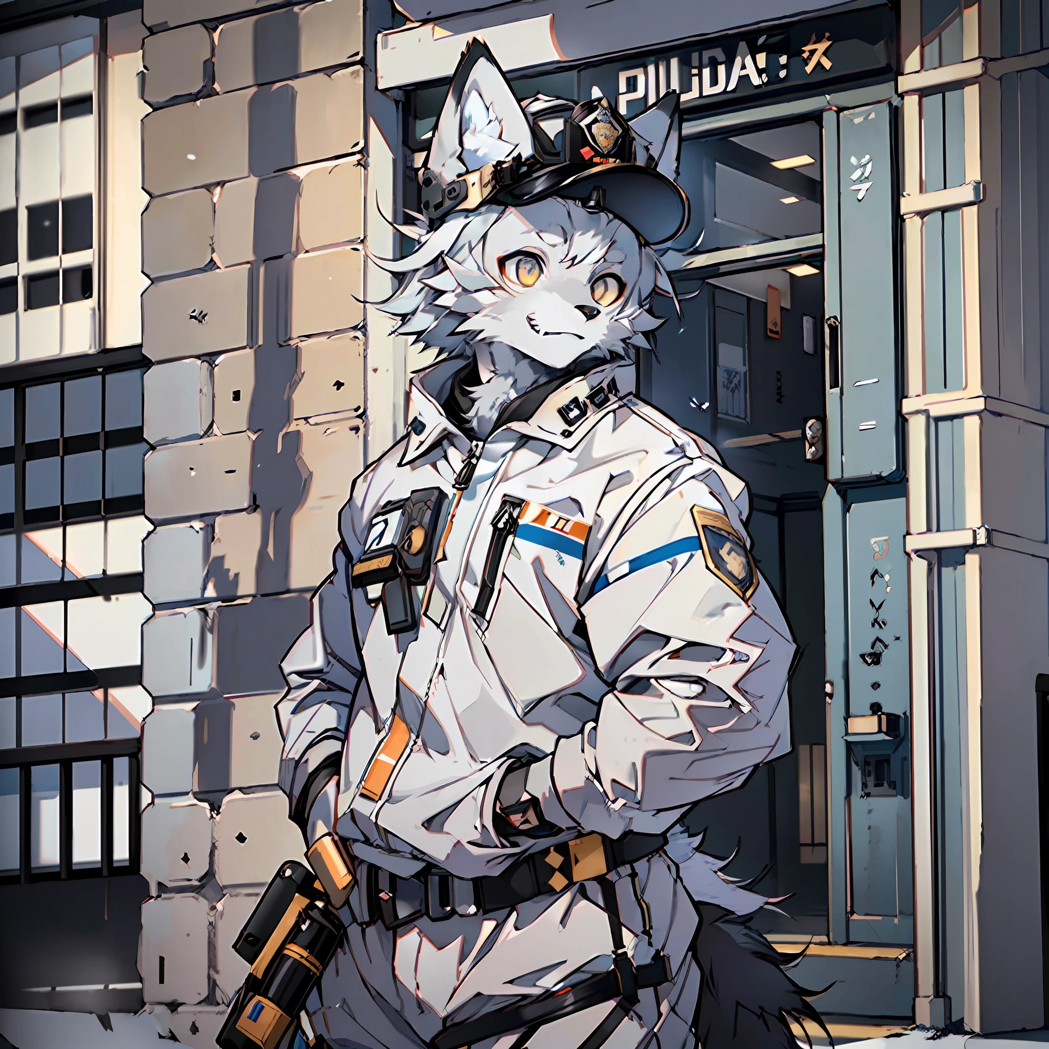 (Best Quality), (Masterpiece), ((Solitary)), (Ultra Detailed), (Furry), (Furry), (Male Arctic Fox: 1.5), (Grey Skin: 1.3), (Fluffy Tail: 1.2), (Golden Eyes), (Arctic Fox's Paws), (Grey Ears), , Sharp Focus, (Furry Animal Ears), ((Police Cap)), Police Clothes, Police Attire, Standing in Front of Police Station, Detailed Background