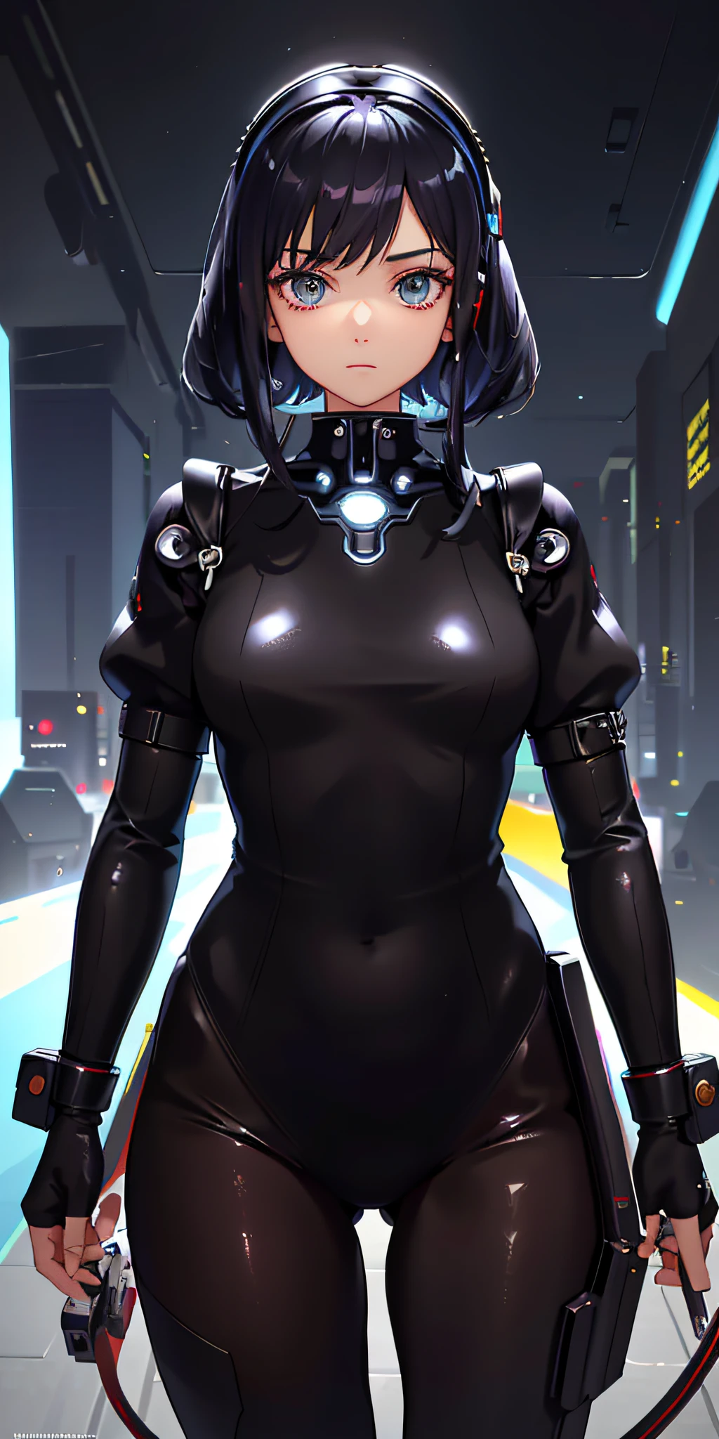 Aerial view), dynamic angle, ultra-stylized, illustration, close-up, straight, 1girl, ((anime maid, interface headset, black bodysuit: 1.4, white),Her eyes shone like dreamy stars,(bright eyes:1,233),(beautiful and detailed eyes:1.1),(expressionless, closed mouth),(standing), (cyberpunk futuristic city setting), (night: 1.2), dreamer, [[delicate fingers and hands: 0.55]::0.85],(detail fingers) holding a katana with red blade