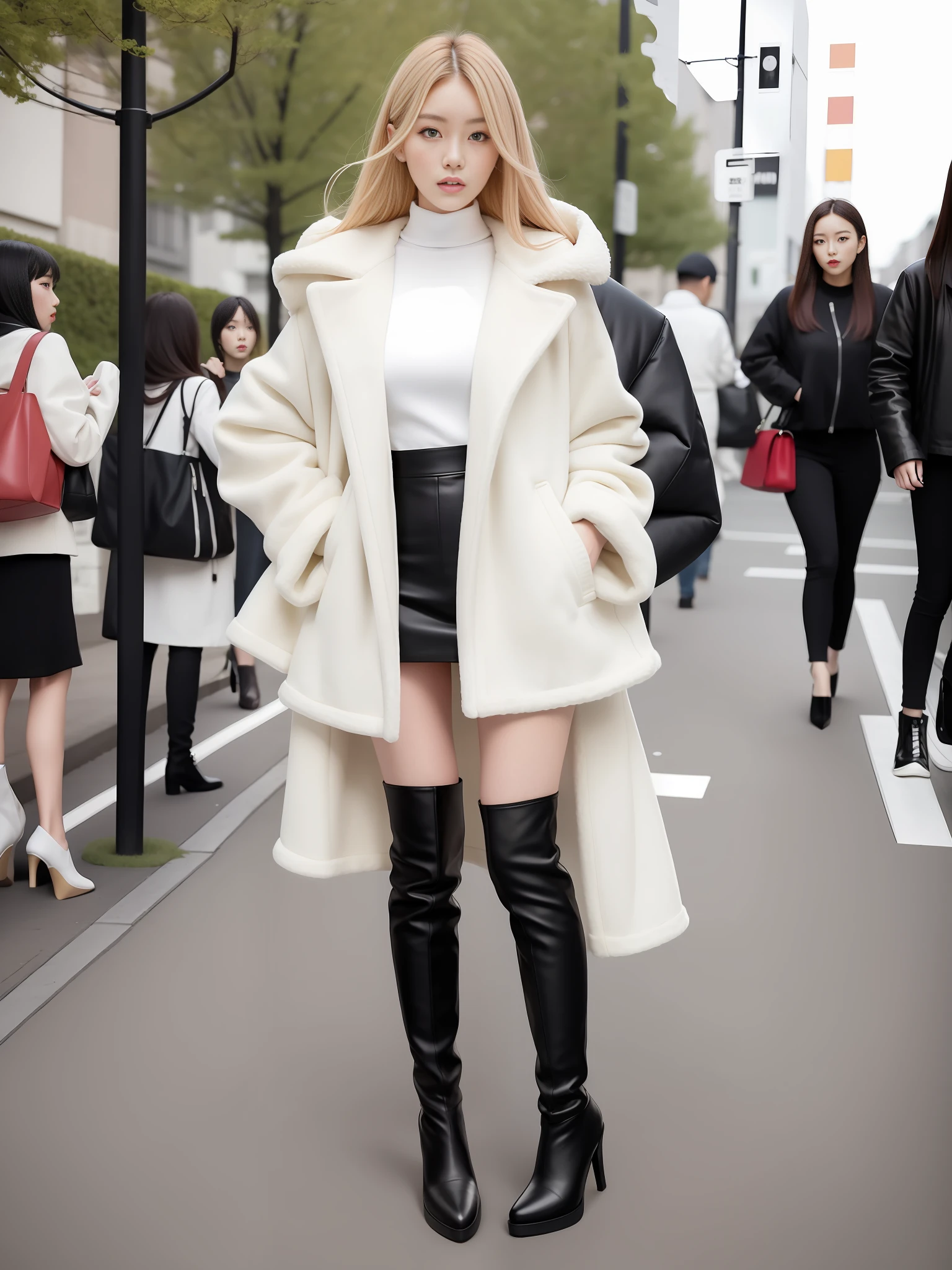 A woman in a white top and black boots standing on the street, Korean female fashion model, white fluffy outfit, short skirt and long jacket, Japanese city street fashion, black pink Rosan Park, she wears streetwear, Japanese street fashion, Tokyo fashion, woman in streetwear, jacket and skirt, street fashion, Harajuku street fashion, beautiful woman walking in the wind, black gloves, over-the-knee red boots, tall, long legs, perfect body proportions, thin waist, black suspender stockings, tall, Slender body, nine-headed body, big eyes, beautiful and exquisite face, perfect body details, perfect body proportions, perfect visual proportions, fashion shooting, glamorous, feminine, delicate, highlighting female curves, subtext: sexy, confident. Korean girl