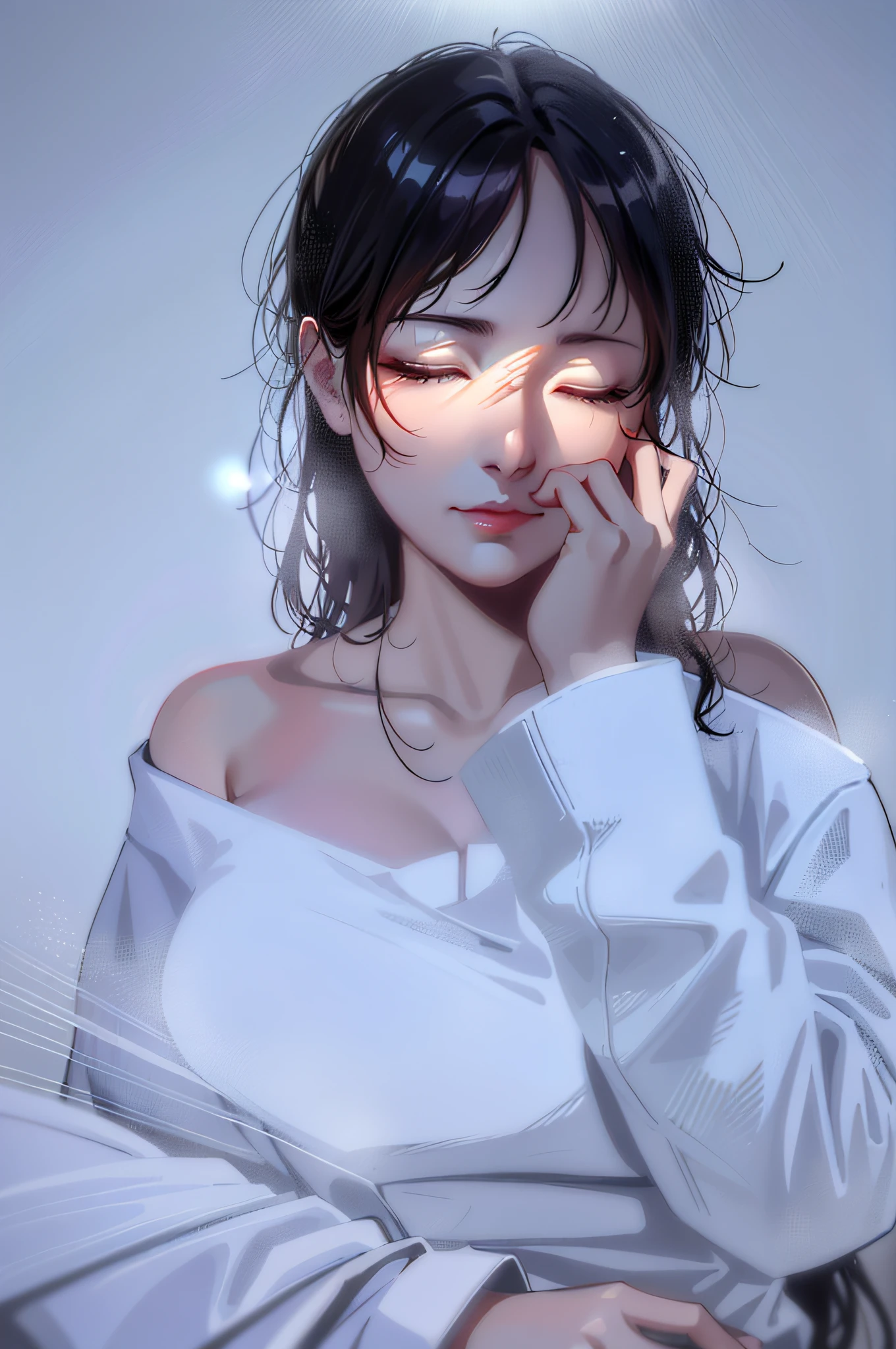 The woman in the white dress raised her hand on her face, the square light from the side, the light fell on the face, with an ethereal light, closed her eyes, one hand covered her eyes, by Ye Xin, soft ethereal light, with backlight, by Yan Liben, by Chen Xintong, because of Zhiding, the ethereal dazzling of the sun, by Xia Yong, realistic. Cheng Yi