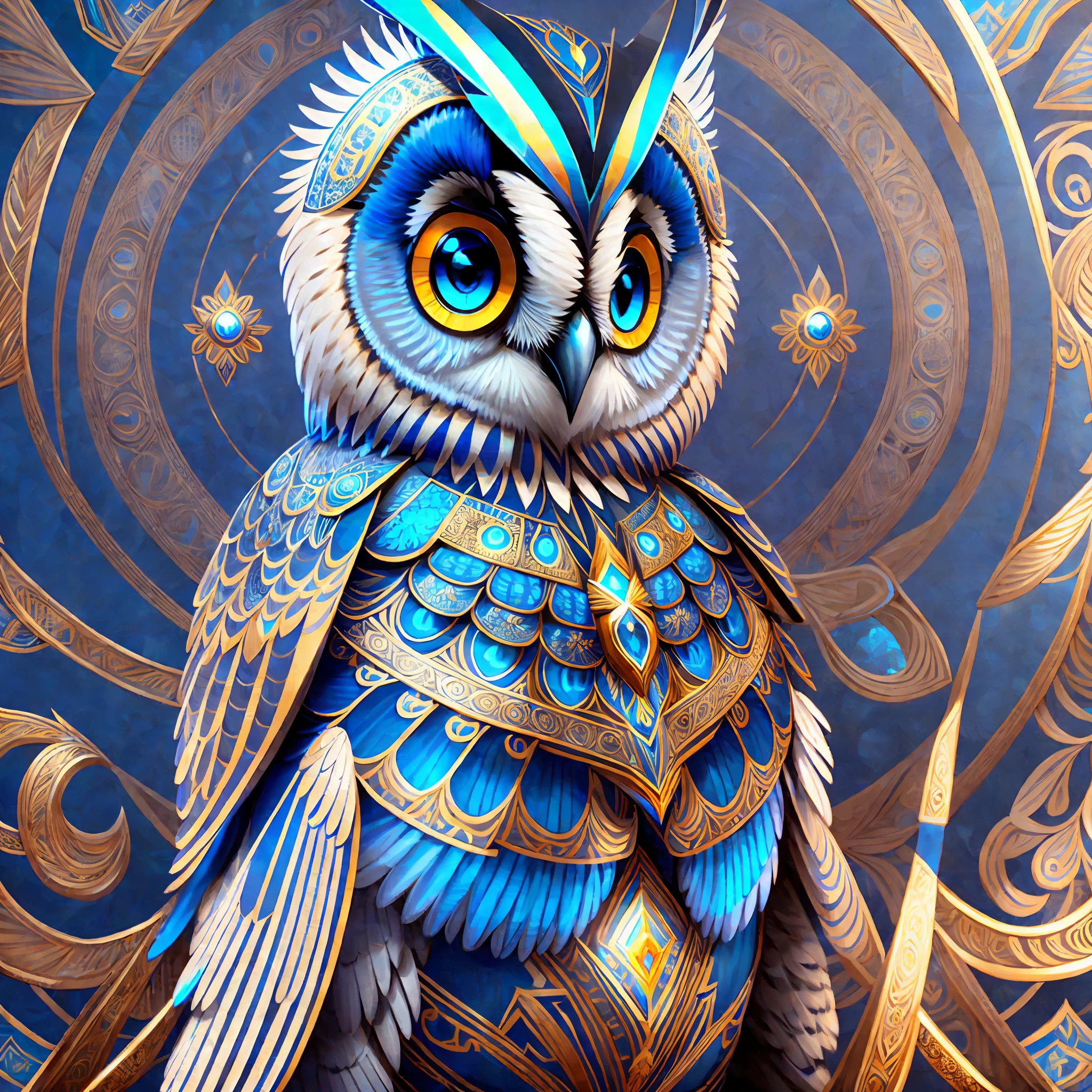 digital painting of a blue eyed owl, unreal engine rendering + goddess, highly detailed, beeple global illumination, exquisite ornate jewelry, trending on cgisociety, motion graphics, rossdraws global illumination, cgsociety --auto --s2