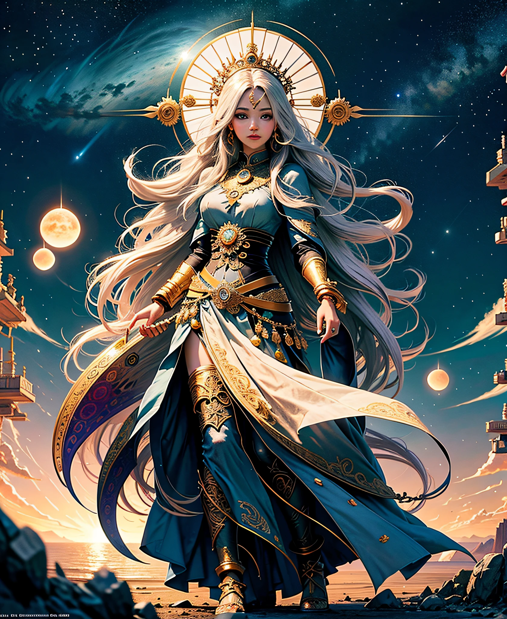 Full body like official art, 8K unit wallpaper, super detailed, beautiful beauty, high quality, beautiful, masterpiece, best quality (zen, mandala, tangled, tangled: 0.6), young goddess in her 20s, silver long hair, sun goddess,
