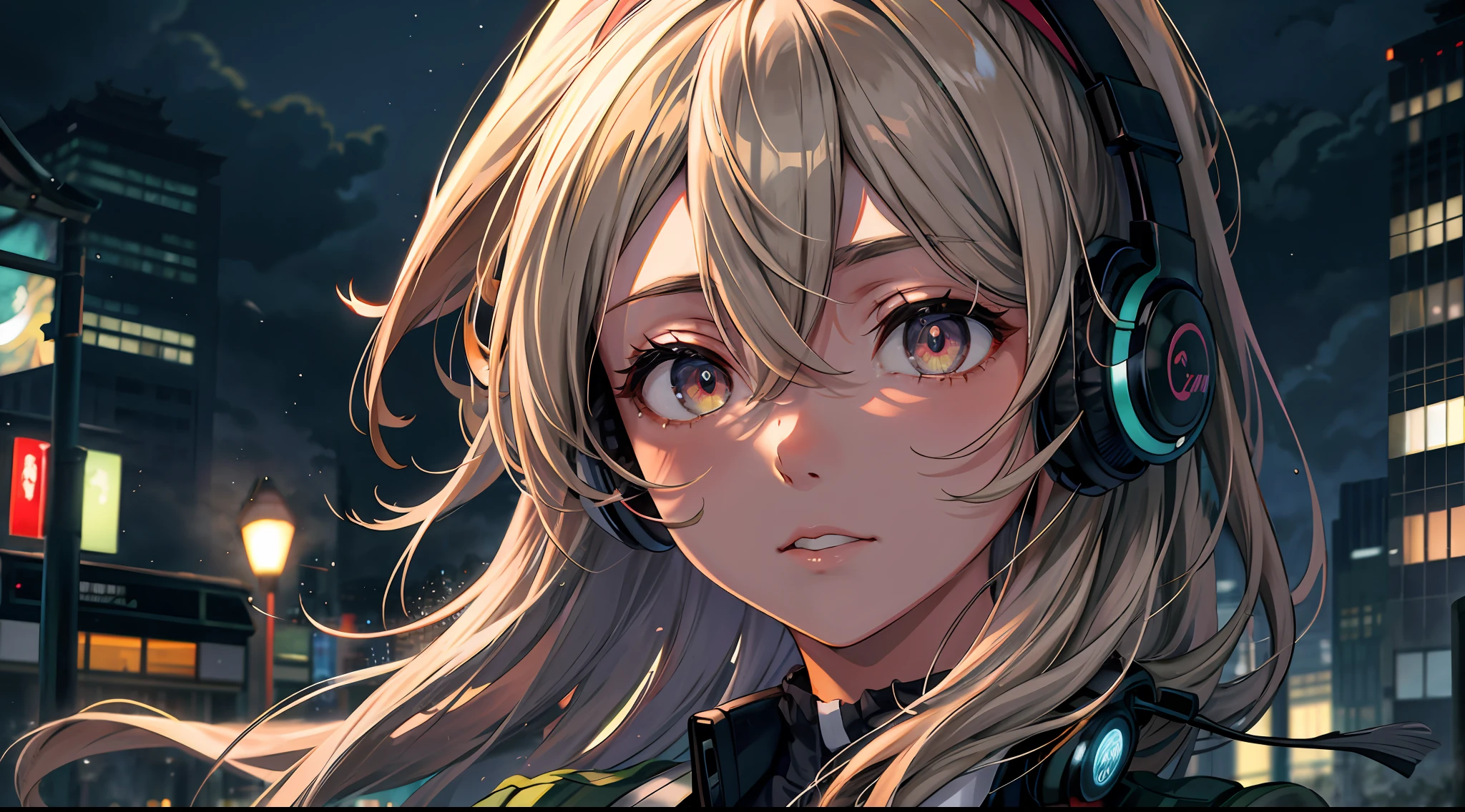Japan, High Resolution, Best Quality, Illustration, Ultra Detailed, (Detailed Face), (Detailed Eyes), Soft Lighting, Best Quality, Foggy Glow, Dreamy Atmosphere, Ultra Detail, Masterpiece, One Girl, Solo, Night, Hair Over One Eye, Headphones, Uniform, Solo, Outdoors, Night,Full Moon, Clouds, Skyscrapers in the background, Industry, Public transport, Urban, Building concrete, concrete, sidewalk, busy, tree, autumn, fallen leaves,