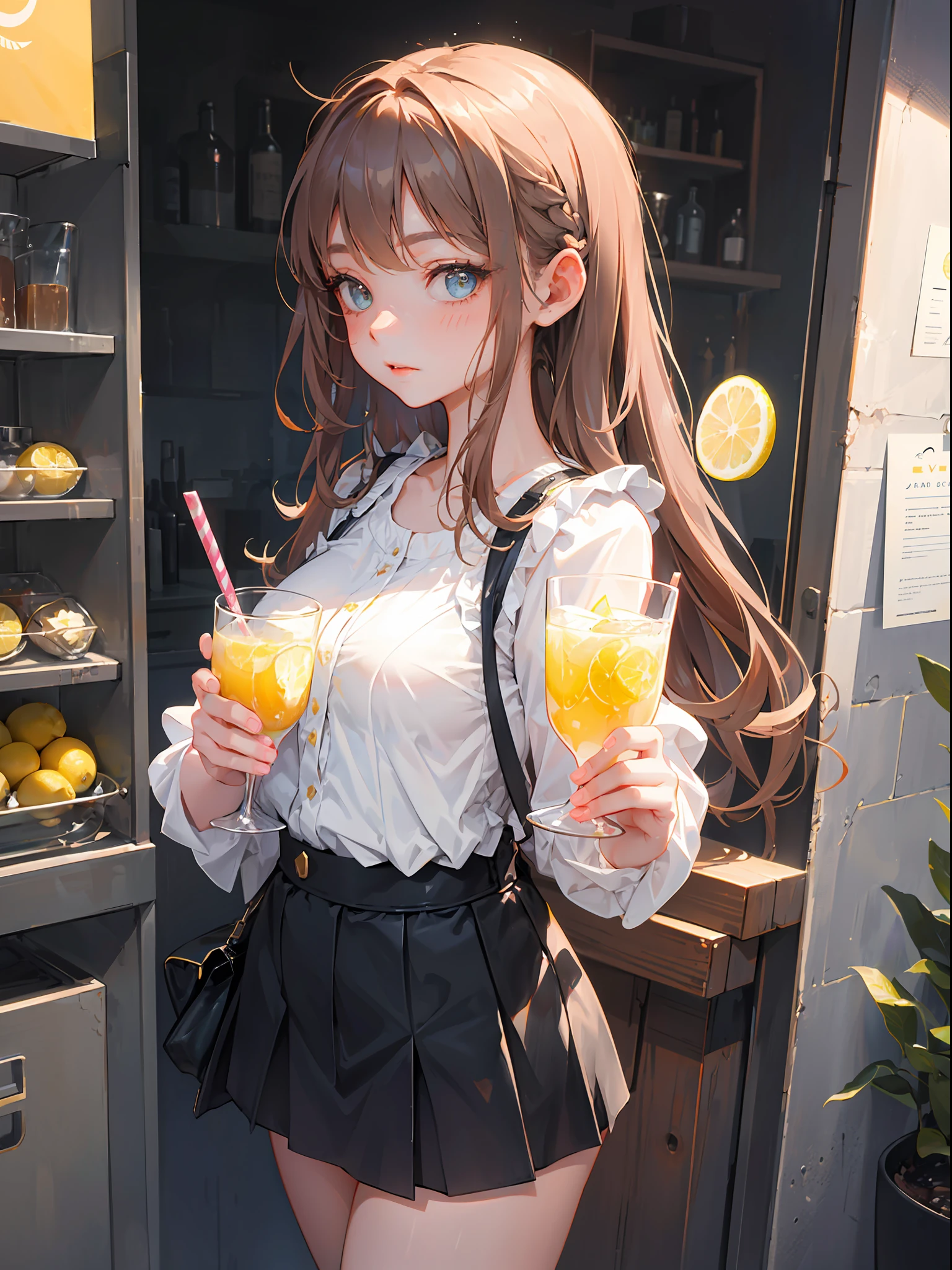 1girl, holding ice cream in her hand, with excellent detail handling,A glass of lemon juice in the background,Handle hand details in place