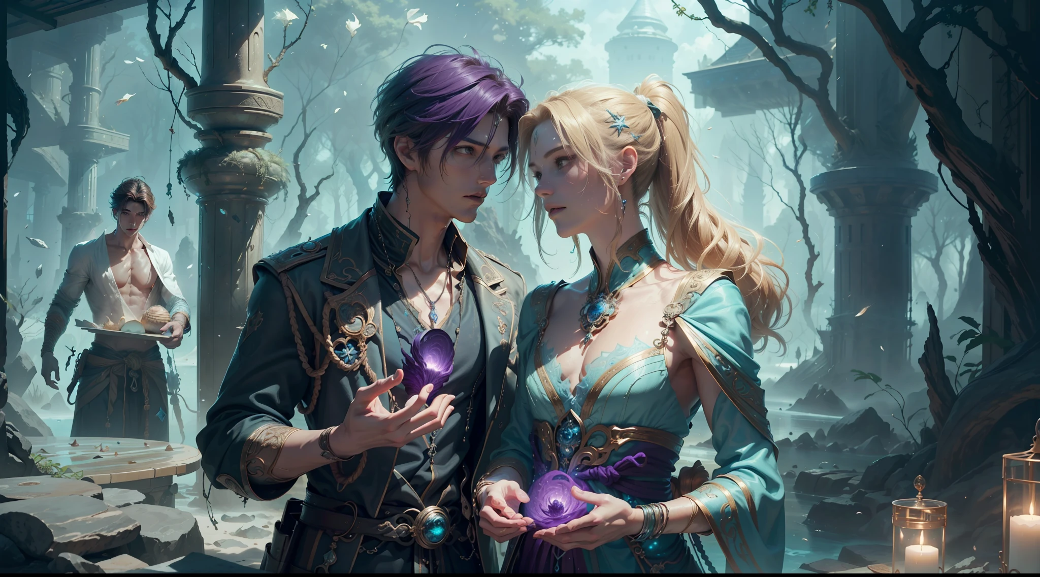 Multi-person interaction, intimate couple, beautiful composition, gorgeous underwater light, "1boy, (Sousuke Aozen), close-up, badass pose, bleach, powerful aura, purple aura", HD, unparalleled masterpiece, dynamic lighting, movie, epic, and "1girl, (dynamic pose), confident powerful mysterious smile, beautiful blonde, (perfect facial features)", (Enchanted Forest: 1.3), (Magic Glow: 1.2), Elegant Atmosphere, (Secluded Beach: 0.8), (Seashell: 0.9), (Flawless Skin: 1.2), breathtaking details. (Masterpiece, best quality: 1.2),