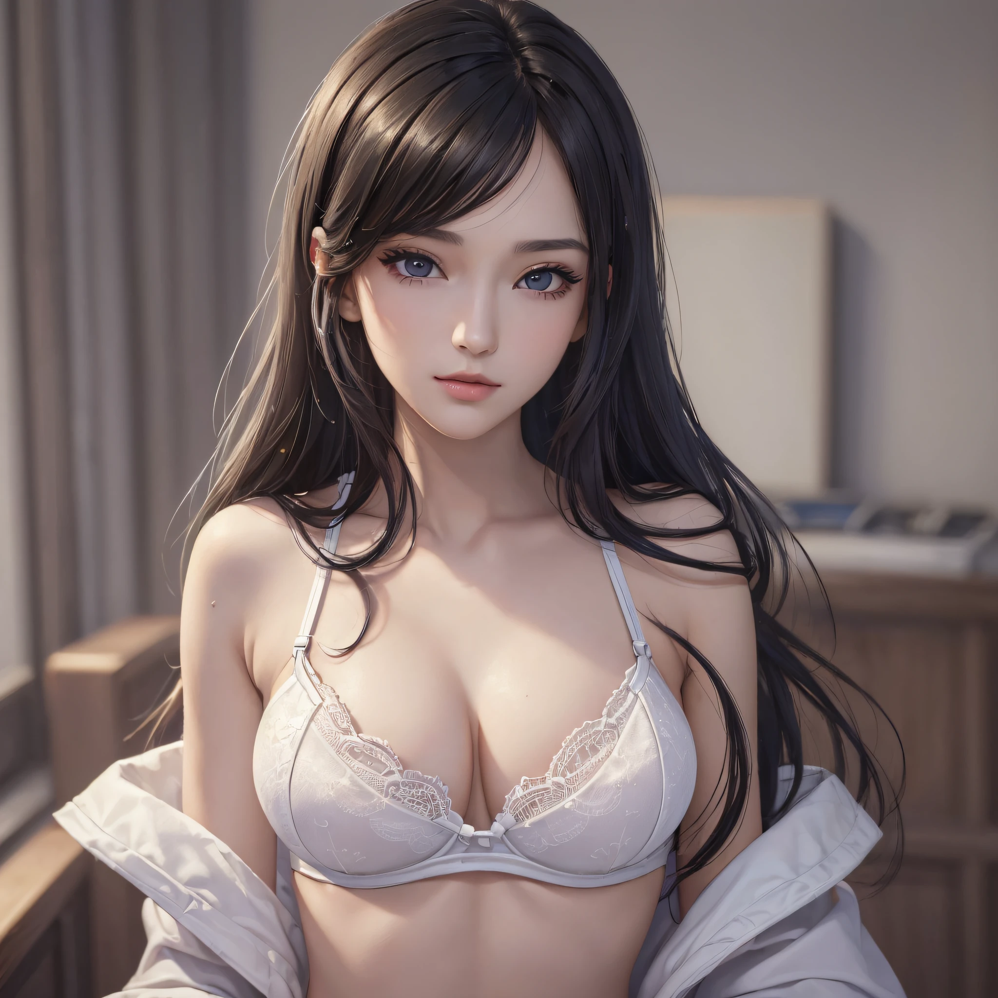 ((top quality, 8k, masterpiece: 1.3)), 1 girl, pretty woman with accentuated slender abs: 1.3, (long black hair, big: 1.2), white bra top and panties, indoor, super detailed face, detail black eyes, double eyelids --auto --s2