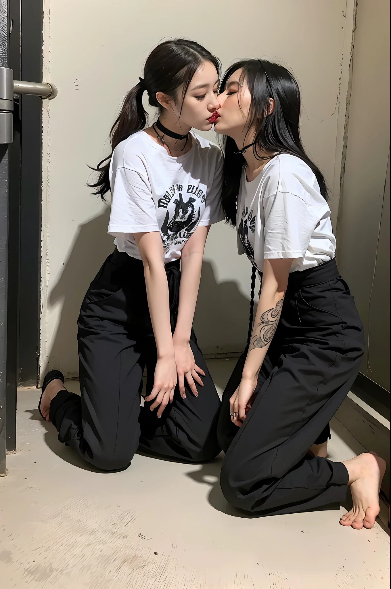 (8k:1.27), best quality, masterpiece, ultra highres:1.2), two lesbian delinquent girl with medium length hair and arm tattoos tongue-kissing each other, tattooed girls, full body picture, dirty old white oversized knotted prisoner t-shirt, dirty big t-shirt with prisoner number written in t-shirt, short big sleeves, orange prisoner pants tied with a rope, wearing dirty old goth clothes, shoulder length black bob hairstyle, black hair pulled back snooki style, kneeling in a prison cell next to a noose, handcuffed, hands tied with rope behind body, submissive neck choker and checkered keffiyeh scarf in neck, 4k or 8k picture, looking at the floor down very sad, very sad face, paisley bandana pirate style headscarf, smelly, barefoot, rope noose hanging from ceiling, tattooed body, noose rope hanging