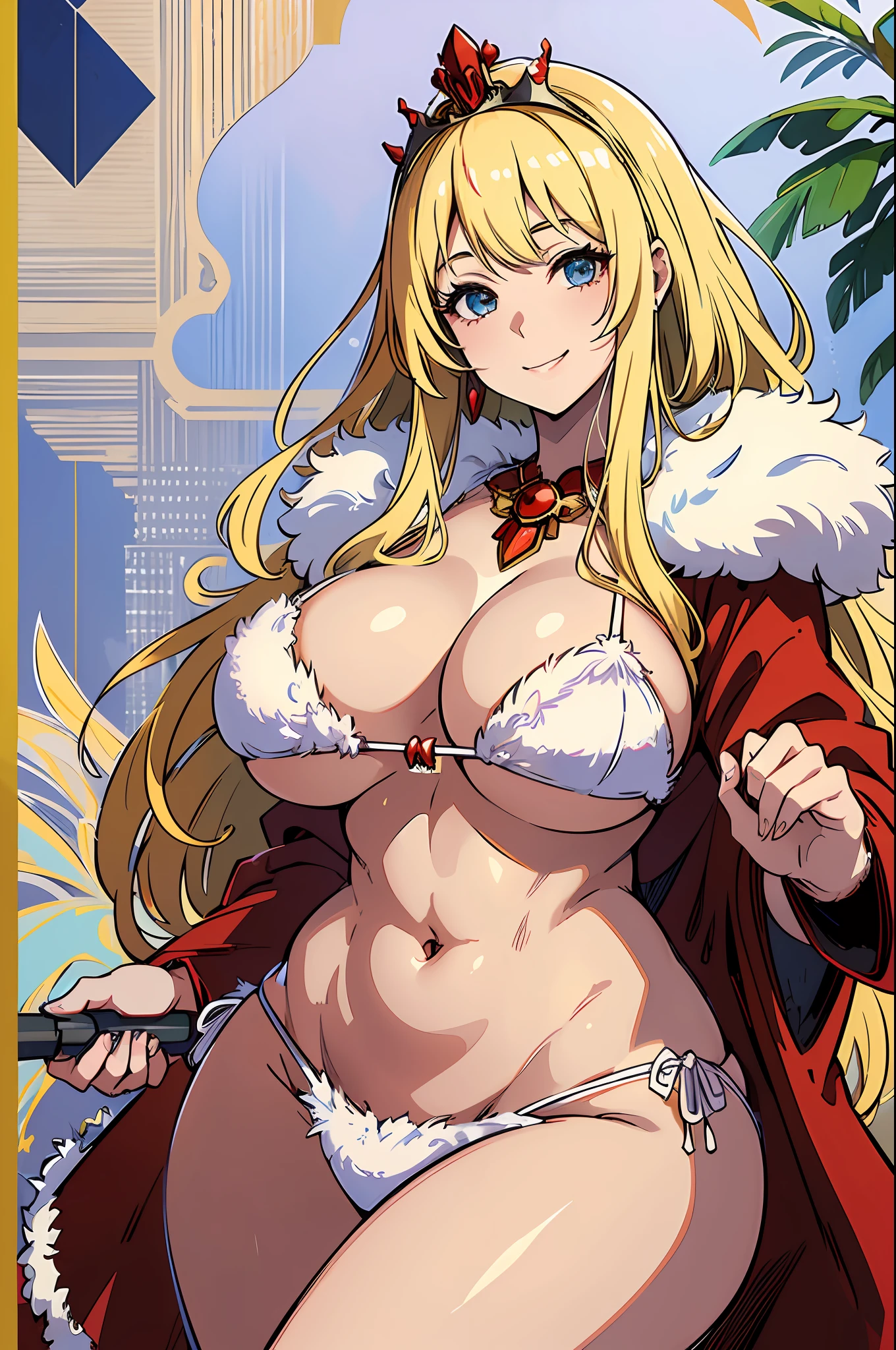(top quality, 4k, masterpiece: 1.3), beauty, ultra-realistic, 1 girl, (huge breasts, attractive body: 1.5), , smile, mouth apart, fluffy breasts, blonde, red robe, fur, tiara, white bikini,