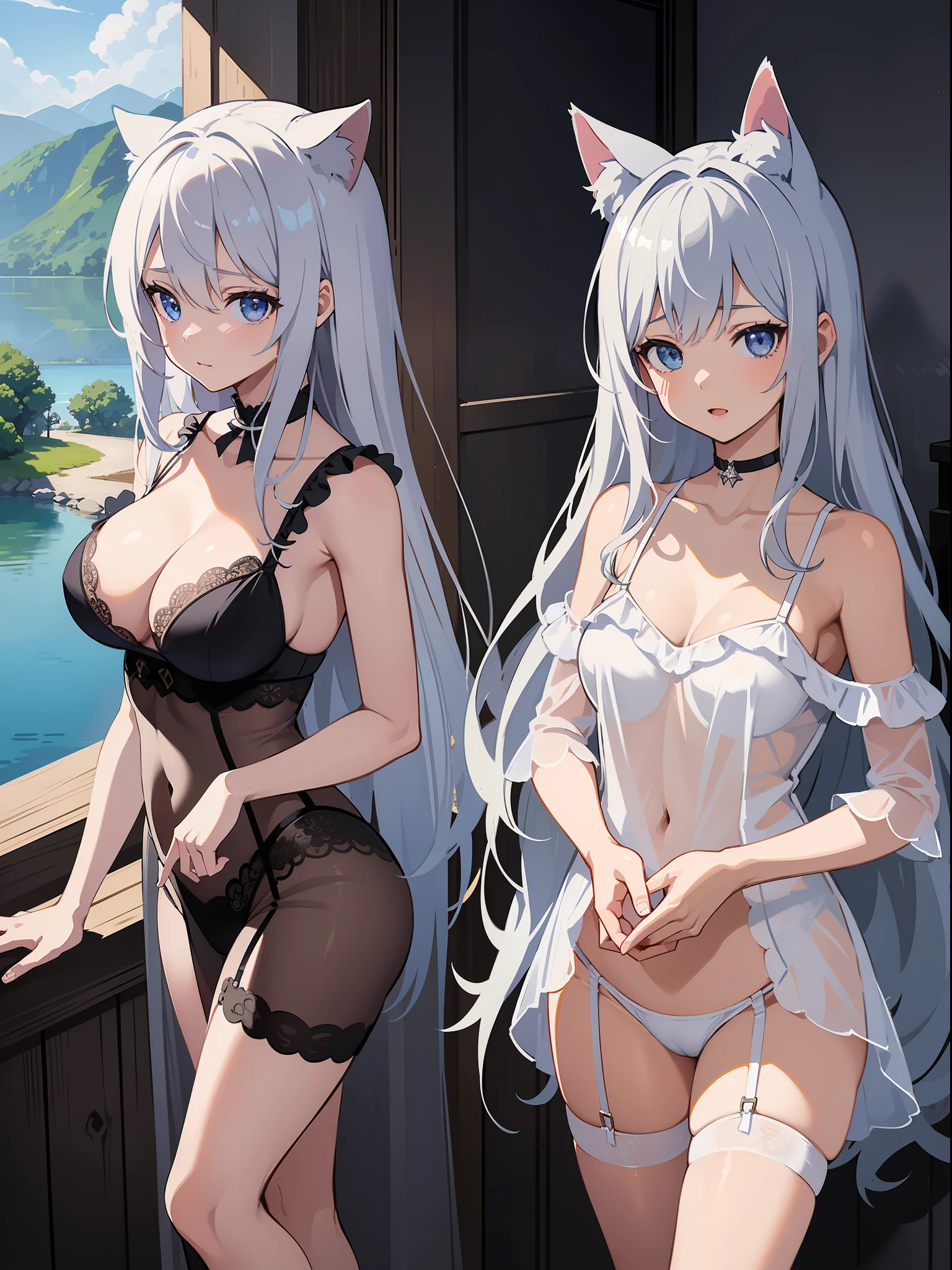 (Masterpiece), (Best Quality Anime Illustration), (Super Definition), One Girl, Solo, Beautiful Girl with Silver Hair, Anime , Cat Ear Lolie-Through Sexy Lingerie, Wet Sheer, Cottage with Mountain and Lake View