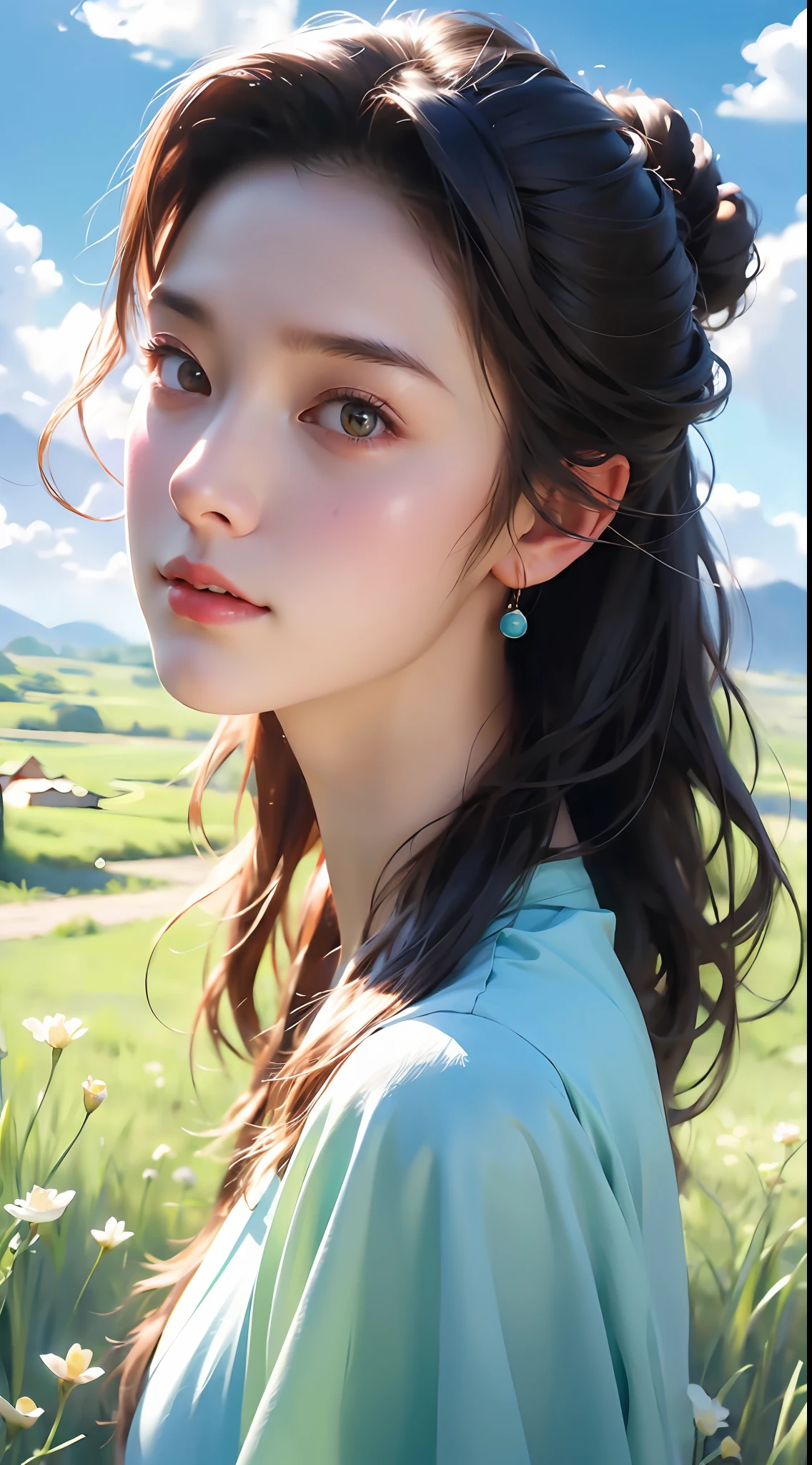 Realistic, real, beautiful, amazing landscape oil paintings, Studio Ghibli-style petal grasslands, blue sky and white clouds, make people feel like they are in paradise