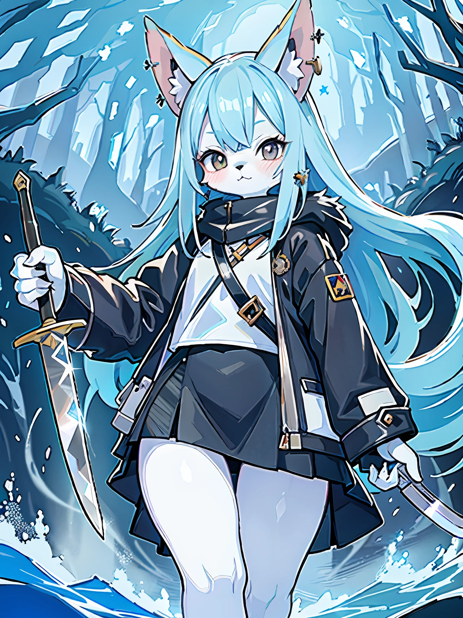 ((masterpiece, best quality)), furry, animal ears, tail, body fur,
(super detailed), (illustration), (super high resolution), (exquisite illustration), (super detailed), 1 girl, blush, water sword character, black storm jacket, black miniskirt, top wrapped skirt, outdoor, soaked, white fur, white ears, earrings, one-handed knife, extra long straight knife, short long machete