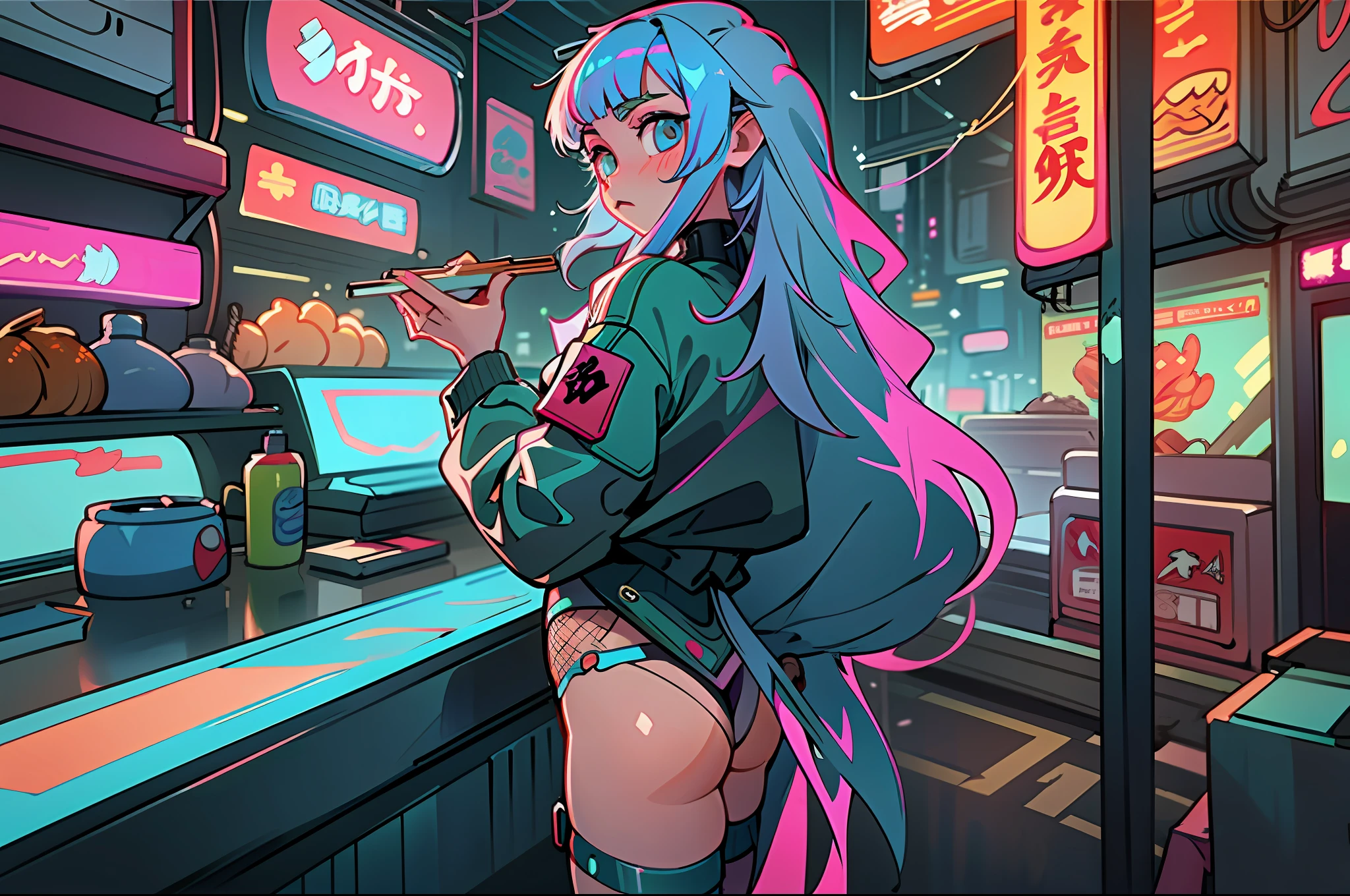 (best quality, masterpiece), 1girl, holo jacket, cyberpunk, neon, fog, (cartoon: 1.5), thong, tight, small, neon signs, ramen shop, fishnet stockings very low, transparent, very long hair,