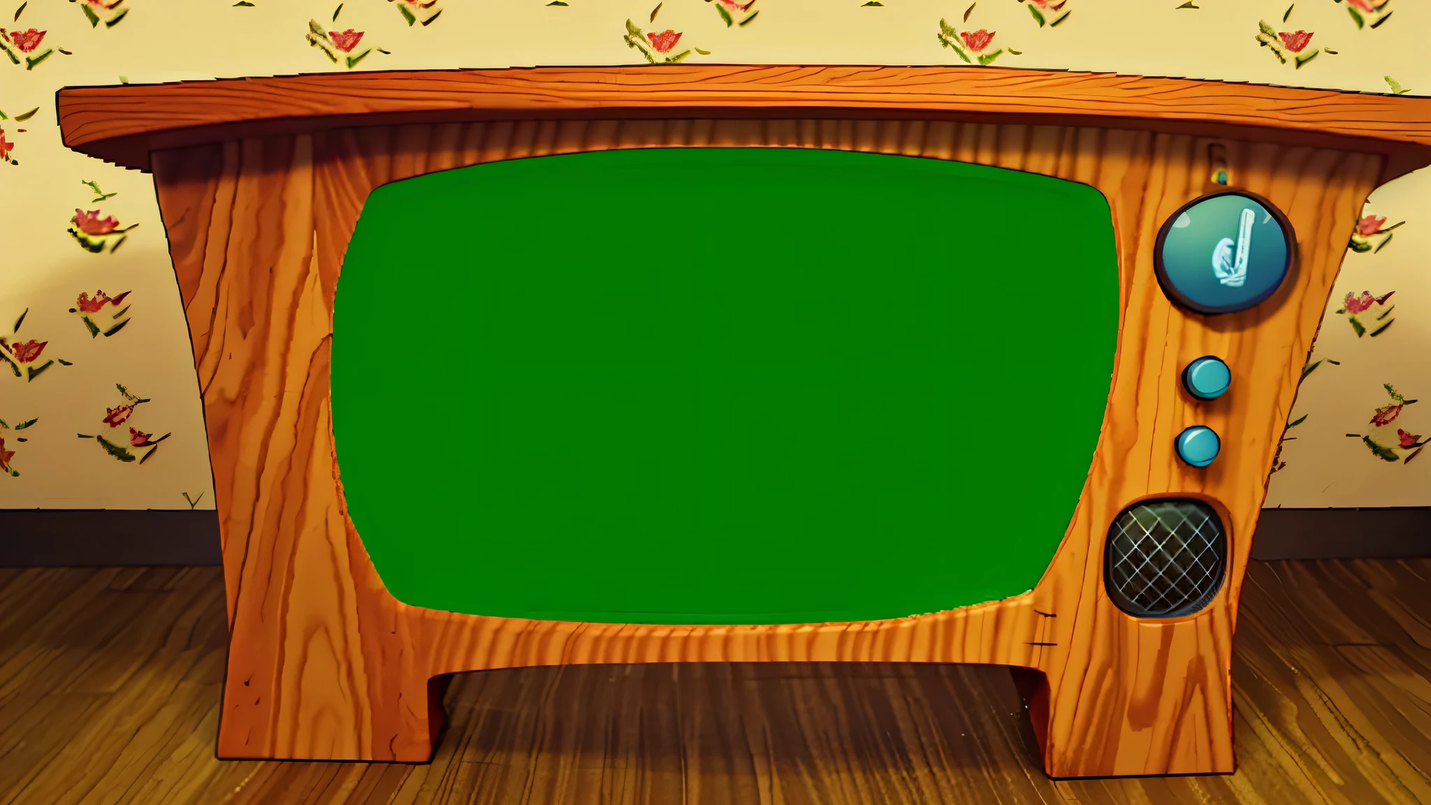 There is a small television set with a green screen on the table, green screen background, background (solid), green screen, TV frame still, television screen capture, television, television still, green crt monitors, random background scene, static TV, TV set, simple studio background, an old TV, CRT screens in the background, empty background,  television program, CRT screen, solid background, cartoon drawing style, anime style, official art