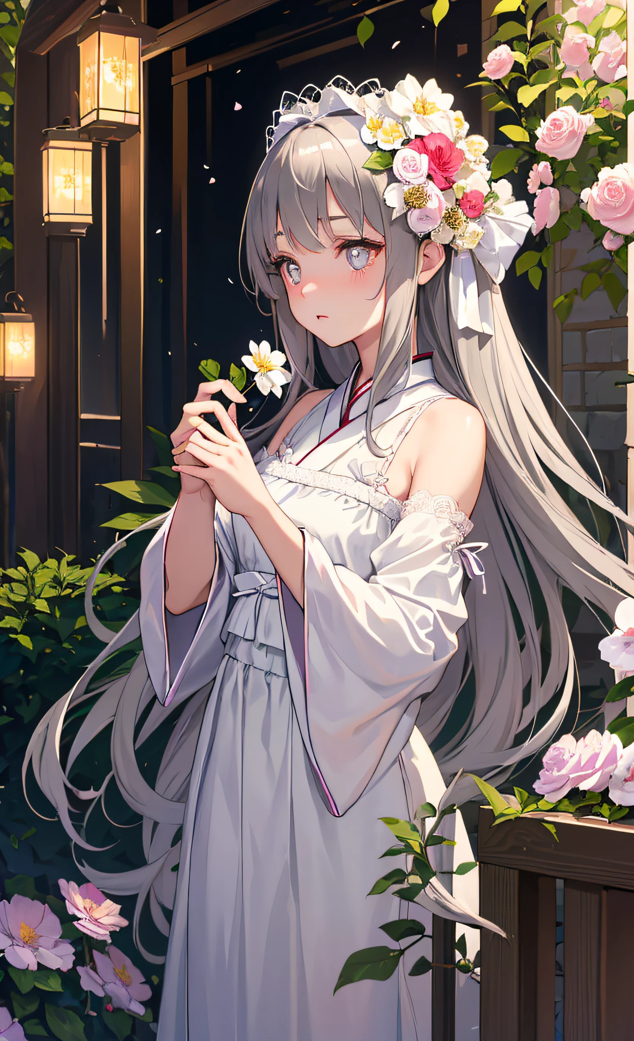 ( Girl: 1.5), Lace, Ribbon, Hanfu, (Masterpiece, Side Light, Delicate and Beautiful Gray Eyes: 1.2), Masterpiece, Realistic, Glowing Eyes, Shiny Hair, Dark Hair, Shiny Skin, Celibate, Embarrassed, Bare Shoulders, Delicate, Beautiful, Garden, Flowers, Fluttering Petals,
