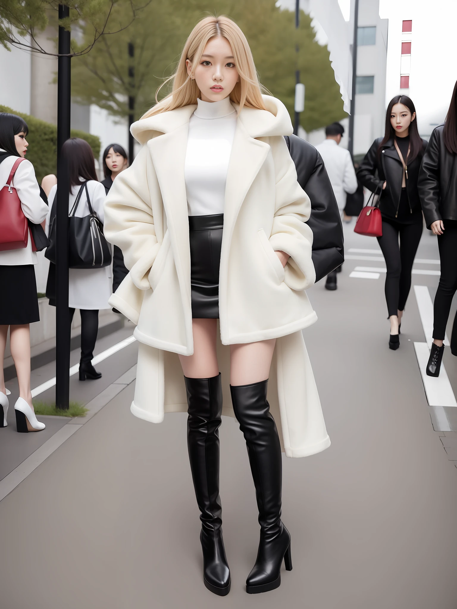 A woman in a white top and black boots standing on the street, Korean female fashion model, white fluffy outfit, short skirt and long jacket, Japanese city street fashion, black pink Rosan Park, she wears streetwear, Japanese street fashion, Tokyo fashion, woman in streetwear, jacket and skirt, street fashion, Harajuku street fashion, beautiful woman walking in the wind, black gloves, over-the-knee red boots, tall, long legs, perfect body proportions, thin waist, black suspender stockings, tall, Slender body, nine-headed body, big eyes, beautiful and exquisite face, perfect body details, perfect body proportions, perfect visual proportions, fashion shooting, glamorous, feminine, delicate, highlighting female curves, subtext: sexy, confident. Korean girl
