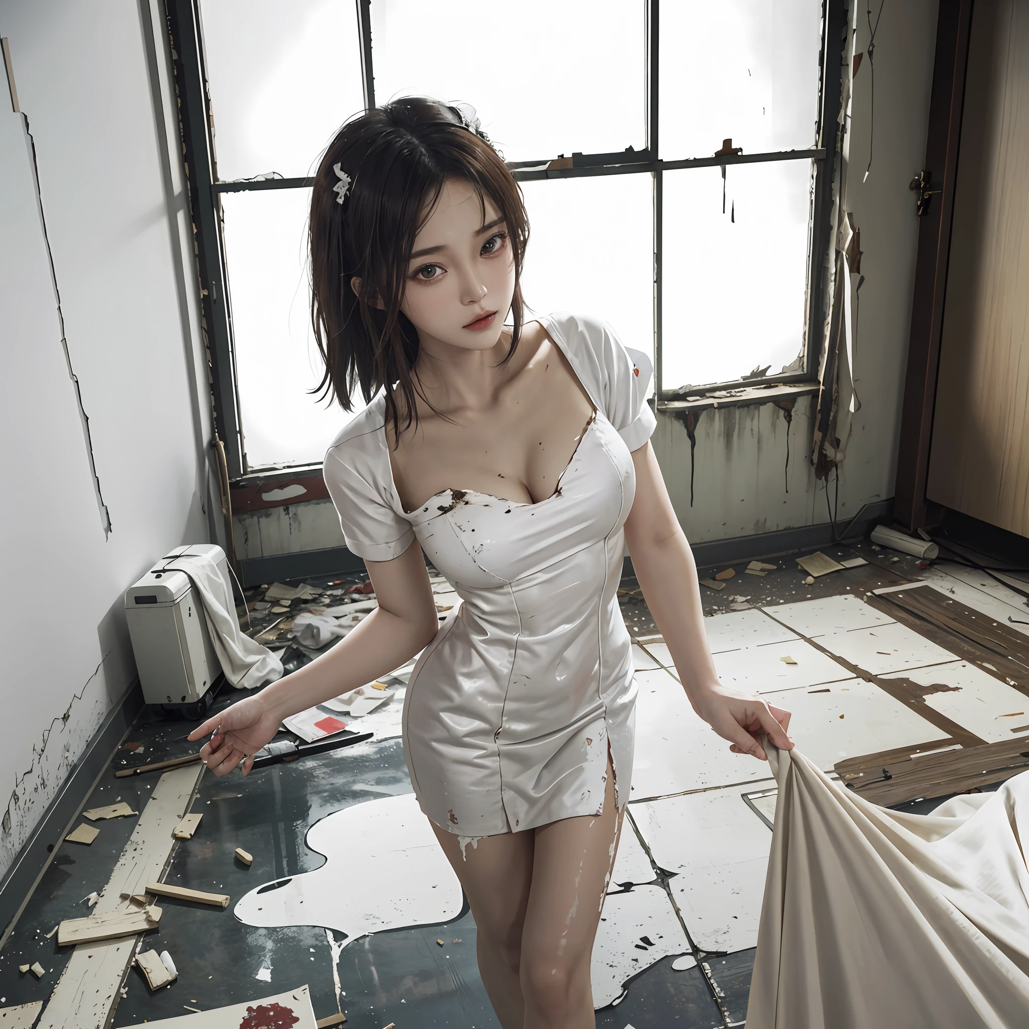 Abandoned Hospital Scene, Masterpiece, Best Quality, An Asian Beauty, Broken White Nurse Outfit, Oil Stain (4:1), Temptation Standing, Garbage (3:1), Devastation (3:1), Ragged (4:1), Broken Doors and Windows, Clutter Piling Up (4:1), Dilapidated Floor, Extreme Picture Quality, Dirty (8:1)