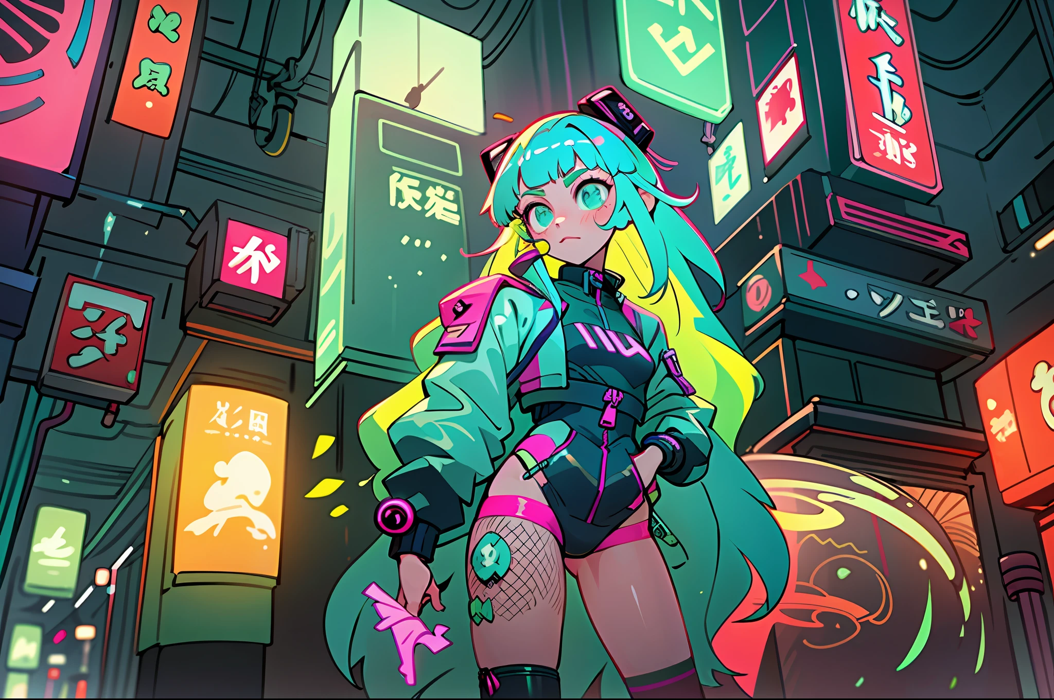 (best quality, masterpiece), 1girl, holo jacket, cyberpunk, neon, mist, (cartoon: 1.5), thong, tight, small, neon signs, ramen shop, fishnet socks very low, transparent, (very long green hairv1.5),