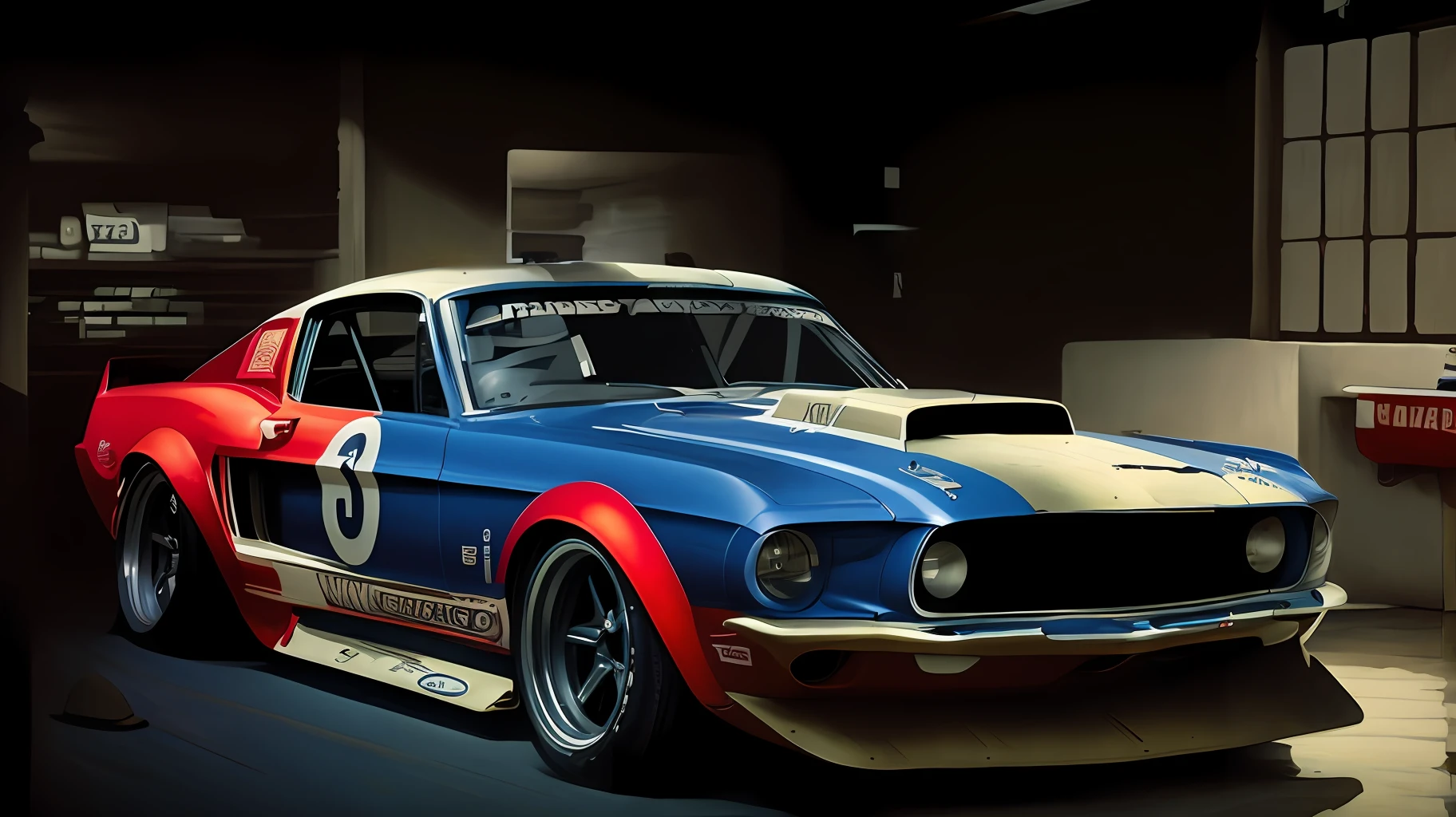 Photo RAW, 500R, m closeup of a car in a garage with a red and blue stripe, mustang, muscle cars, kodakchrome:: 8 k, "hyper realistic, inspired by James Gurney, nostalgic 8k, race car, race car, automotive photography, hyper realistic", hyper realistic", restomod, with elegant lines and a powerful, james gurney style, 32K.