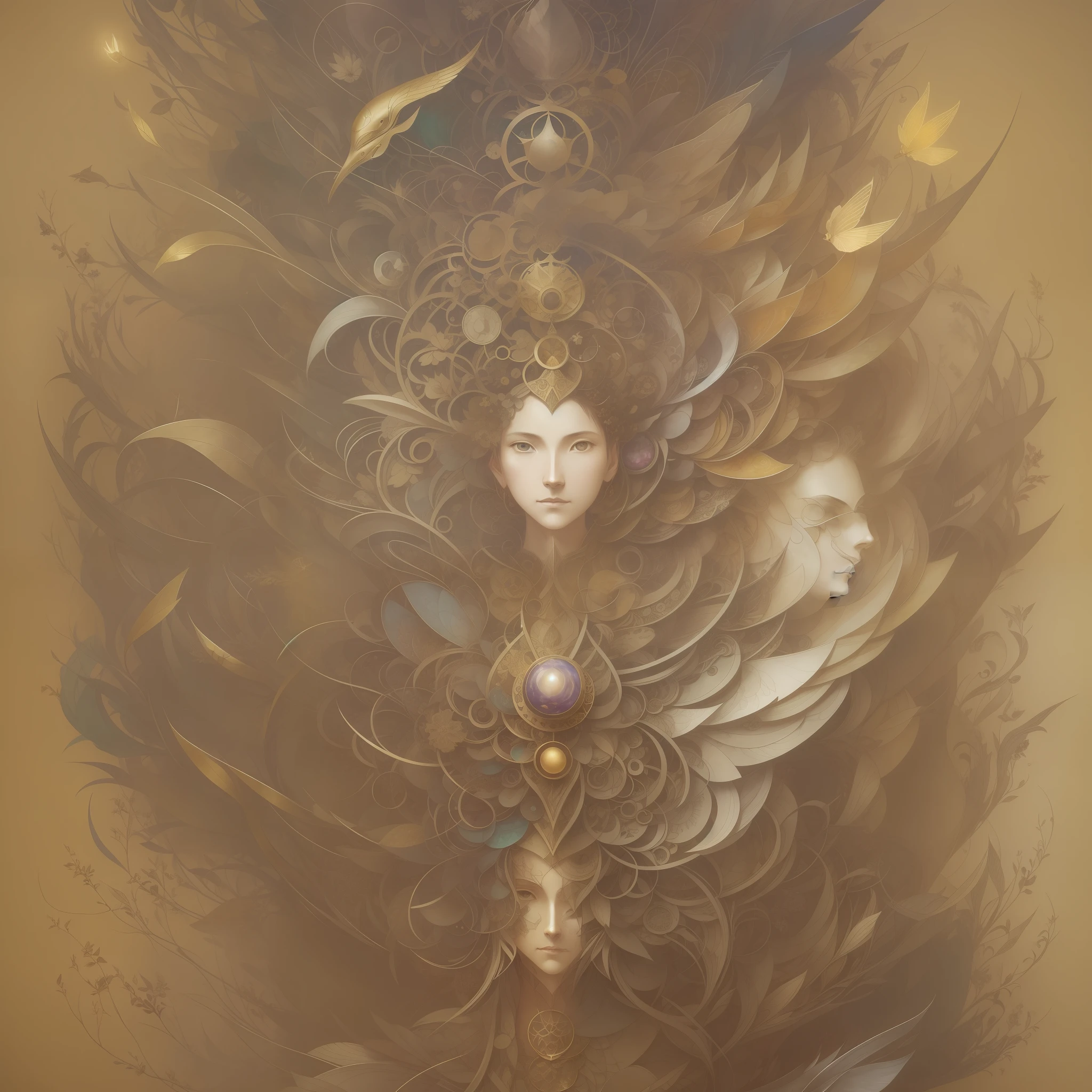 an elder and golden rays by Yoshitaka Amano, Ellen Jewett and Leonora Carrington :: A detailed, elegant, intricate and colorful portrait in mixed media :: A masterpiece of surreal art, a vibrant painting --auto --s2