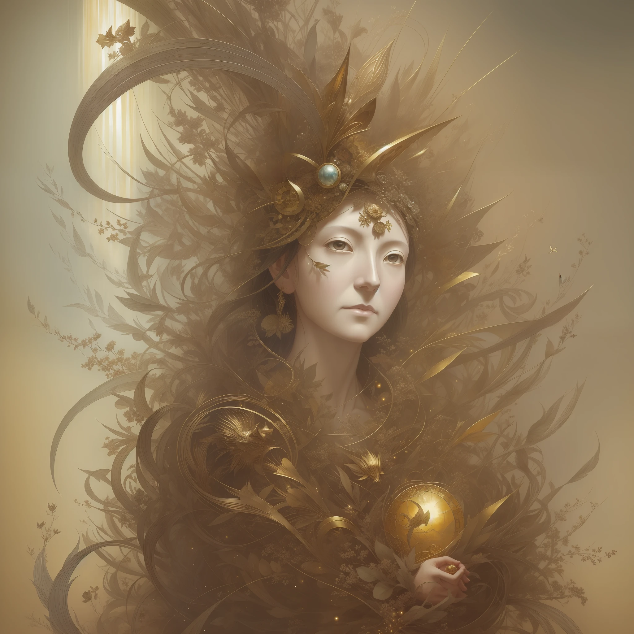an elder and golden rays by Yoshitaka Amano, Ellen Jewett and Leonora Carrington :: A detailed, elegant, intricate and colorful portrait in mixed media :: A masterpiece of surreal art, a vibrant painting --auto --s2