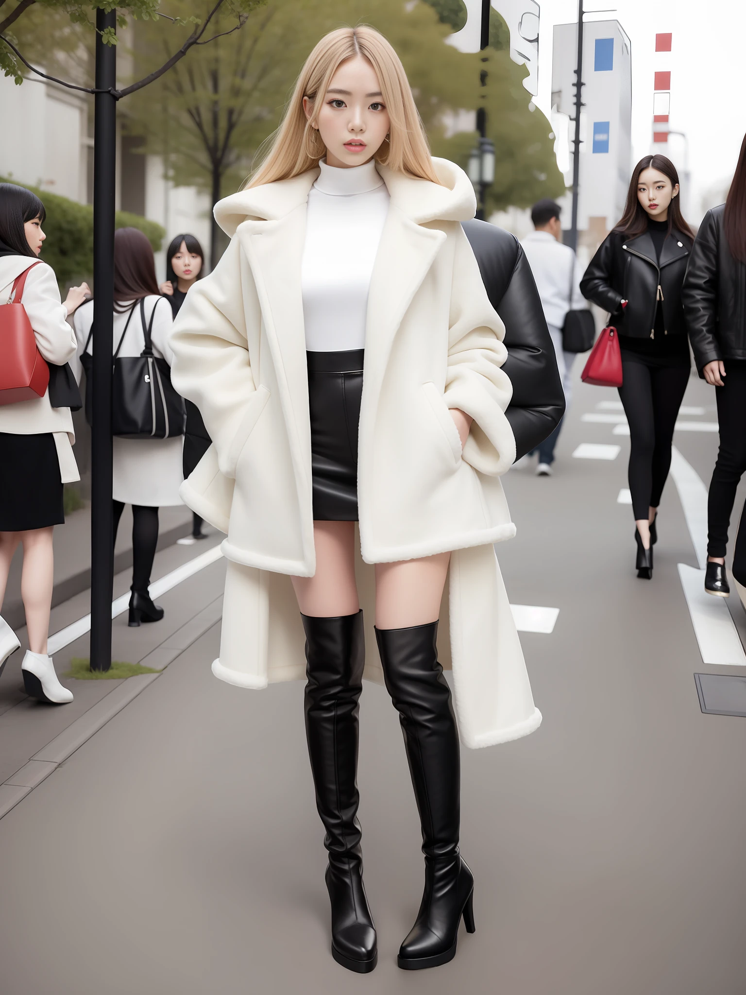 A woman in a white top and black boots standing on the street, Korean female fashion model, white fluffy outfit, short skirt and long jacket, Japanese city street fashion, black pink Rosan Park, she wears streetwear, Japanese street fashion, Tokyo fashion, woman in streetwear, jacket and skirt, street fashion, Harajuku street fashion, beautiful woman walking in the wind, black gloves, over-the-knee red boots, tall, long legs, perfect body proportions, thin waist, black suspender stockings, tall, Slender body, nine-headed body, big eyes, beautiful and exquisite face, perfect body details, perfect body proportions, perfect visual proportions, fashion shooting, glamorous, feminine, delicate, highlighting female curves, subtext: sexy, confident. Korean girl
