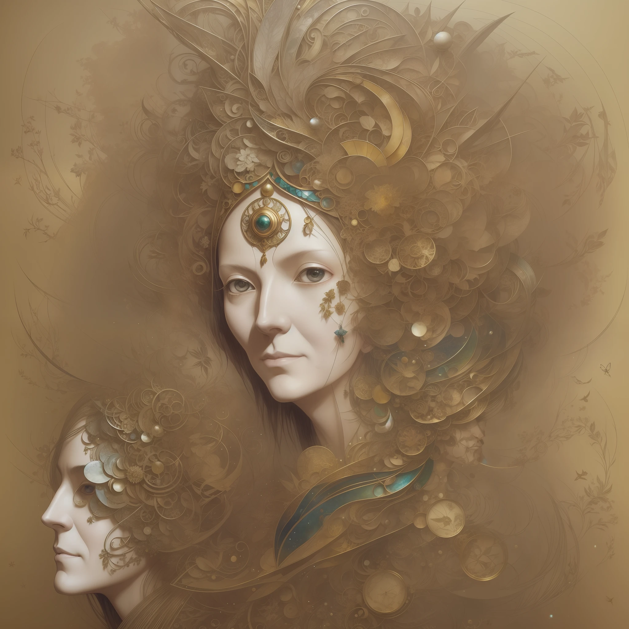 an elder and golden rays by Yoshitaka Amano, Ellen Jewett and Leonora Carrington :: A detailed, elegant, intricate and colorful portrait in mixed media :: A masterpiece of surreal art, a vibrant painting --auto --s2