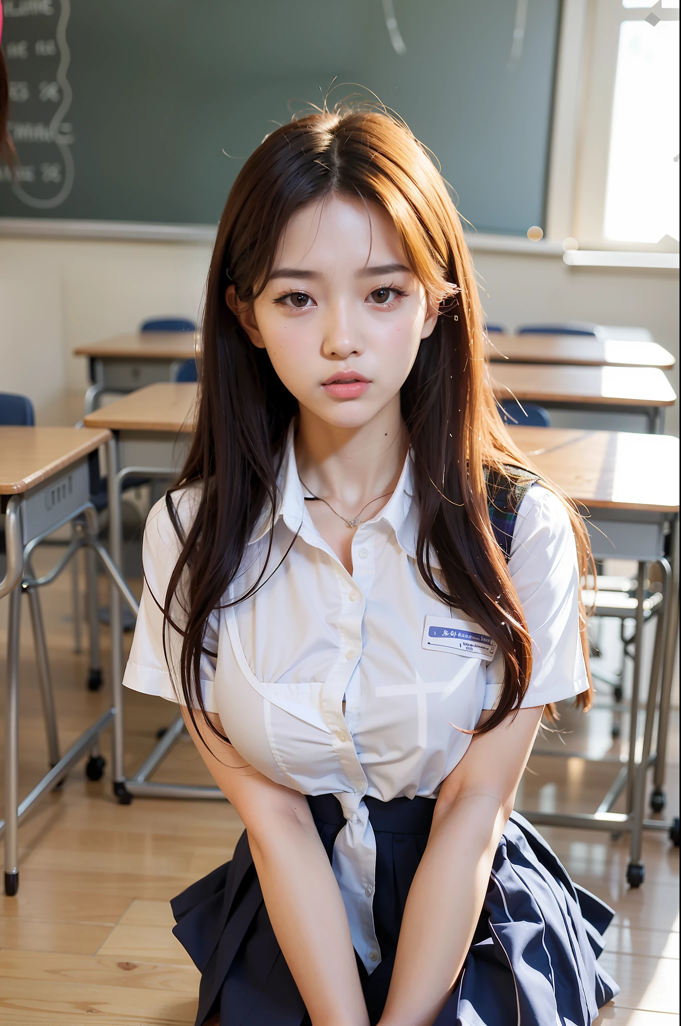 there is a young woman sitting on the floor in a classroom, jaeyeon nam, a hyperrealistic schoolgirl, hyperrealistic schoolgirl, korean girl, realistic schoolgirl, sakimichan, student, gorgeous young korean woman, school girl, cute schoolgirl, beautiful south korean woman, heonhwa choe, jinyoung shin, ulzzang, wearing school uniform