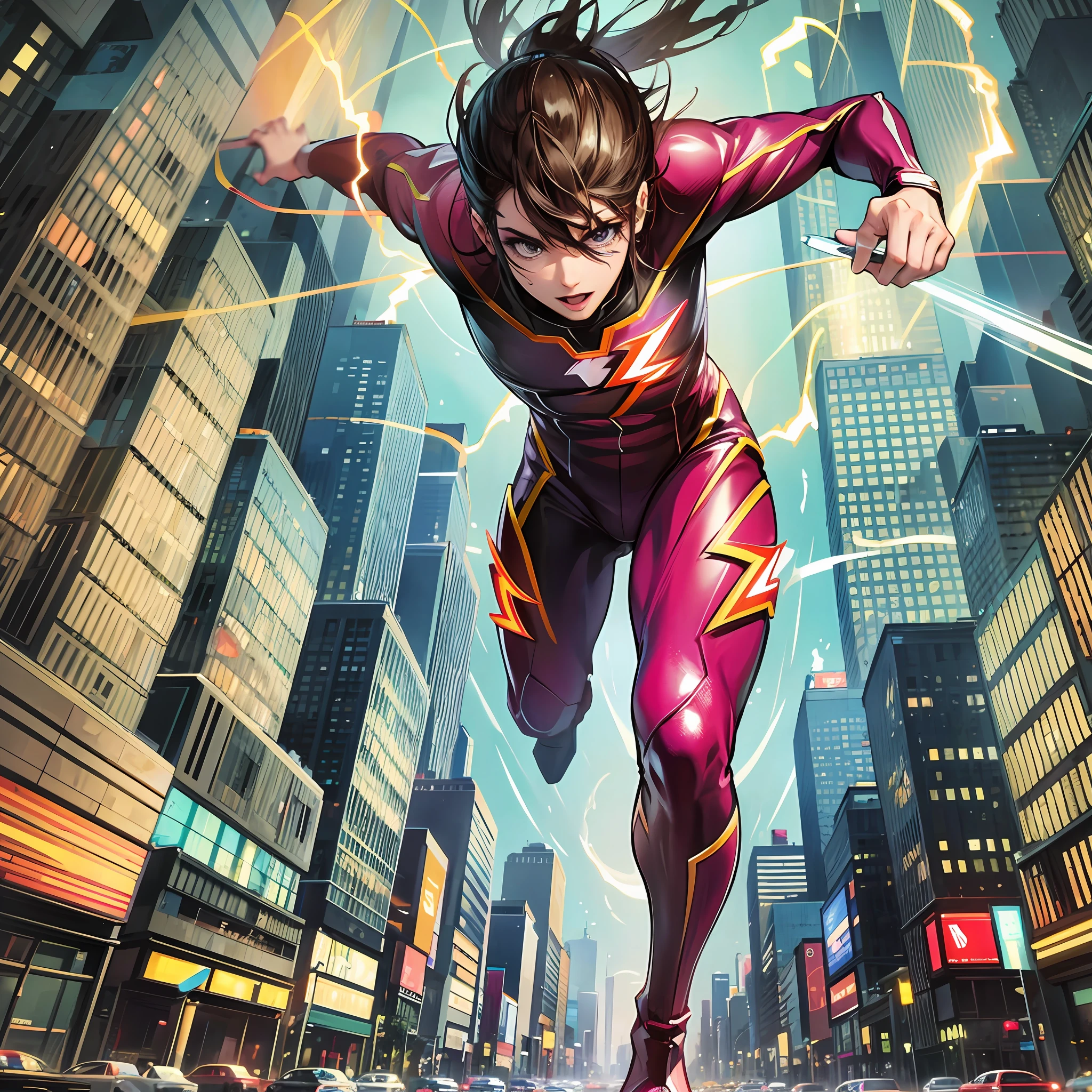 The Flash running in center of Manhattan, Highly Detailed, Extremely Quality, Correct Anatomy, perfect body and head/face --auto --s2