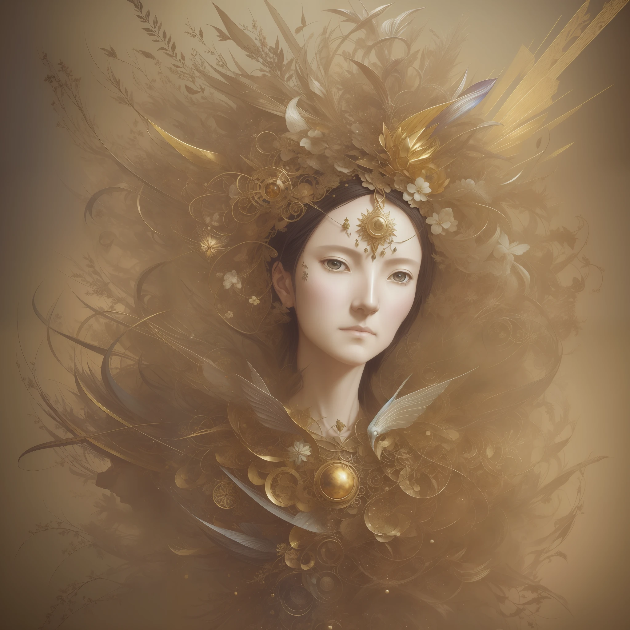 an elder and golden rays by Yoshitaka Amano, Ellen Jewett and Leonora Carrington :: A detailed, elegant, intricate and colorful portrait in mixed media :: A masterpiece of surreal art, a vibrant painting --auto --s2