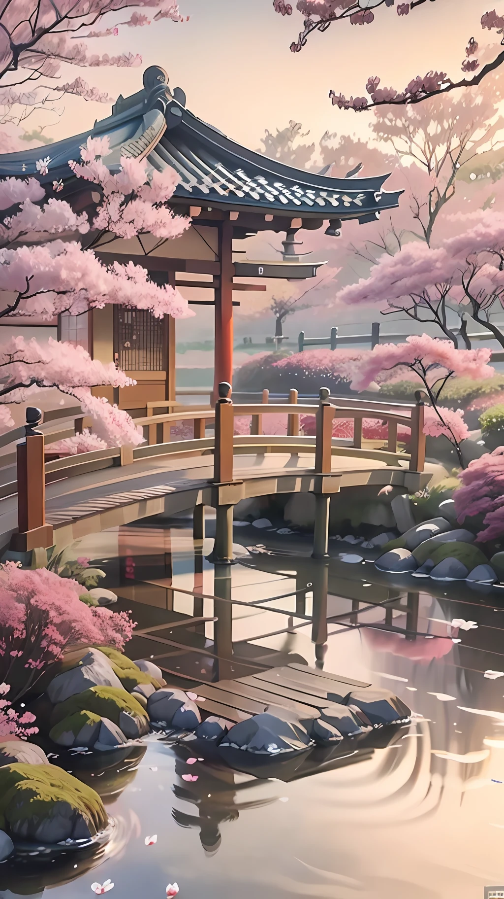 (digital painting),(best quality), serene Japanese garden, cherry blossoms in full bloom, koi pond, footbridge, pagoda, Ukiyo-e art style, Hokusai inspiration, Deviant Art popular, 8k ultra-realistic, pastel color scheme, soft lighting, golden hour, tranquil atmosphere, landscape orientation