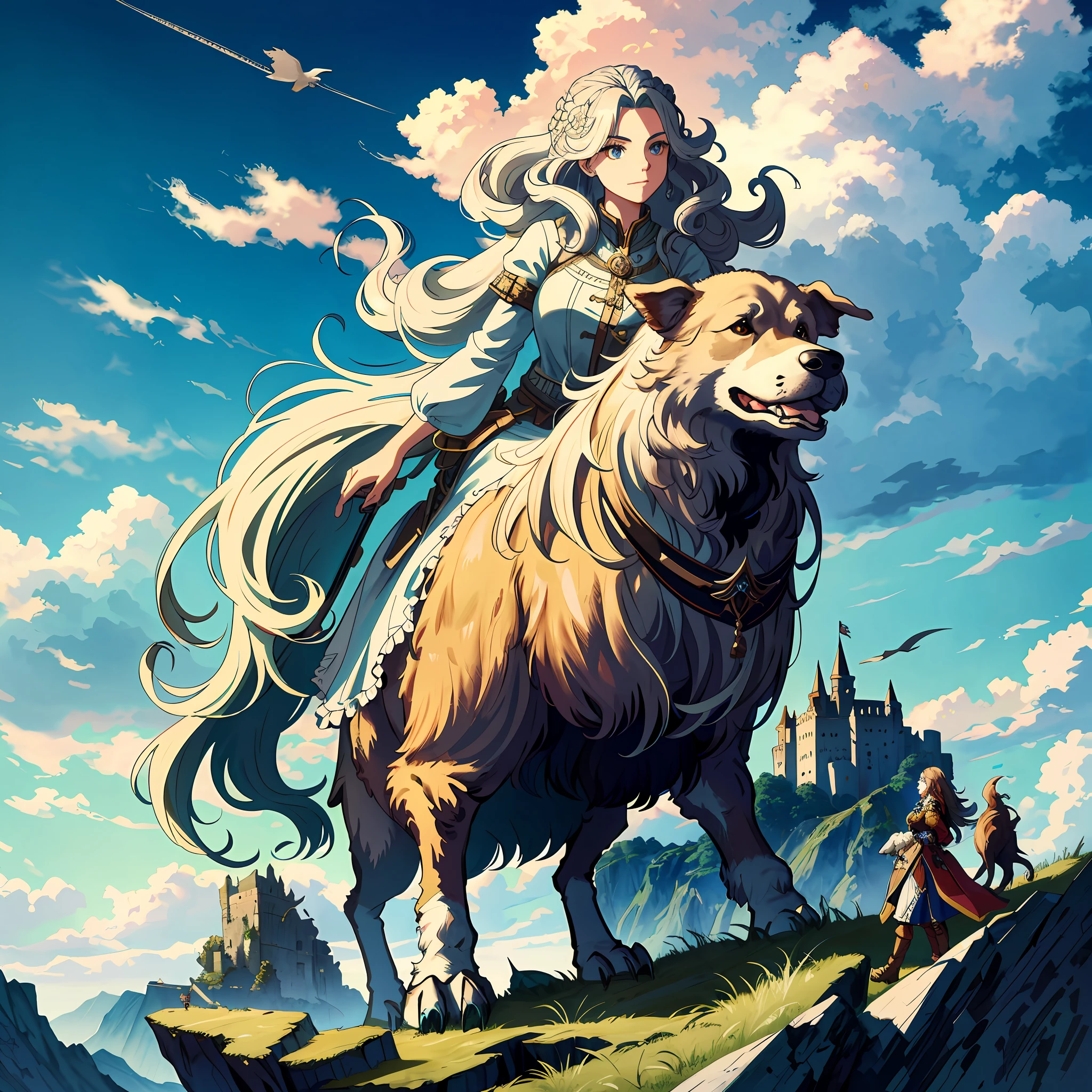 Closed portrait on a Woman with flowing hair, mounted on a friendly giant creature, with the appearance of a giant dog, in a rocky place, with ruins of a castle in the background, on top of a mountain, with large clouds, hyper detailed, intricate, 8k, beautiful, highly detailed, close angle, highlighted characters