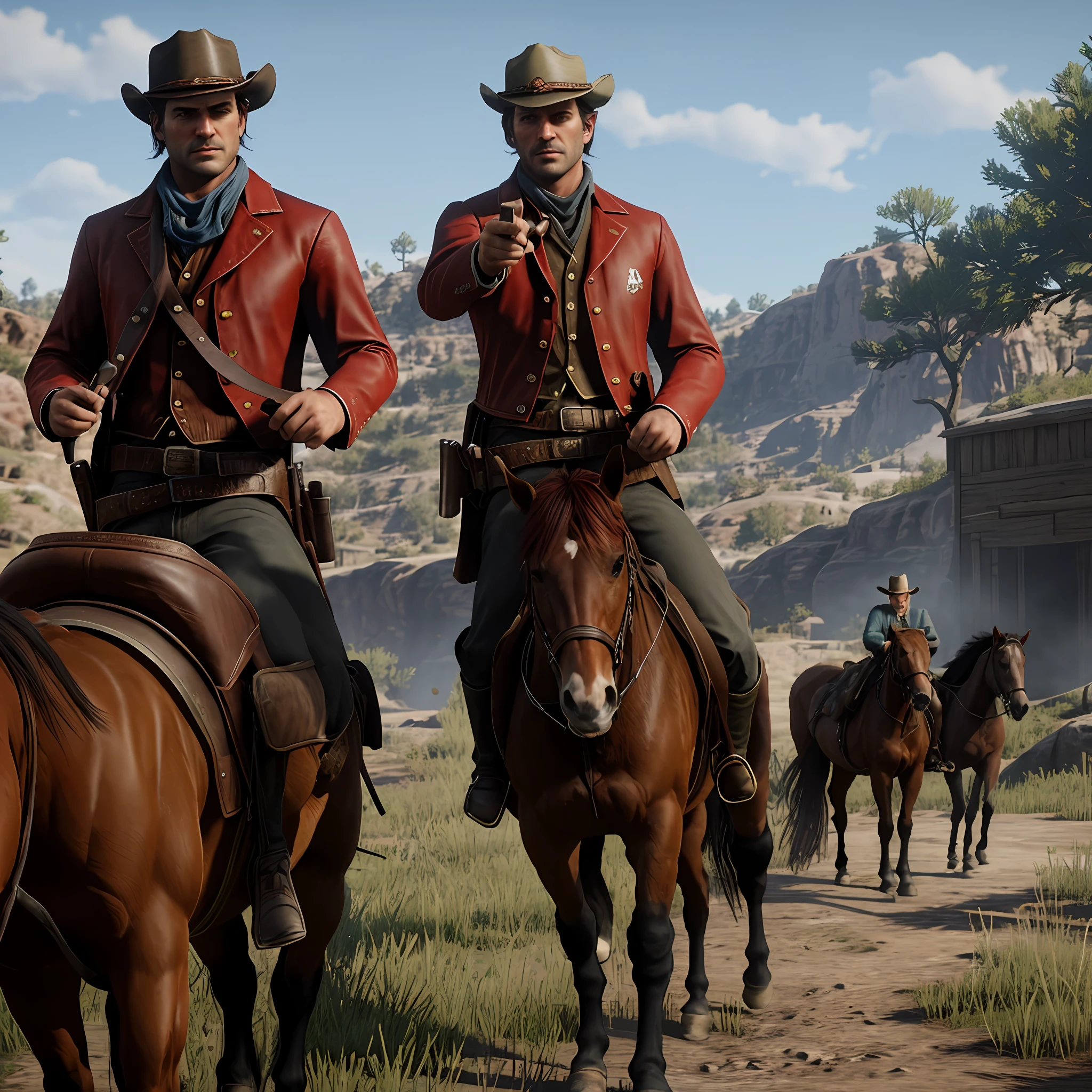 There's a man holding a gun in front of a picture of horses, handsome handsome adult man in Red Dead Redemntion 2, wielding large revolvers, pointing a pistol at us, [Red Dead], in Red Dead Redemption 2, RDR 2 Mod, he has a pistol!, with a two-handed axe, sharp graphics of low quality 8K super realistic