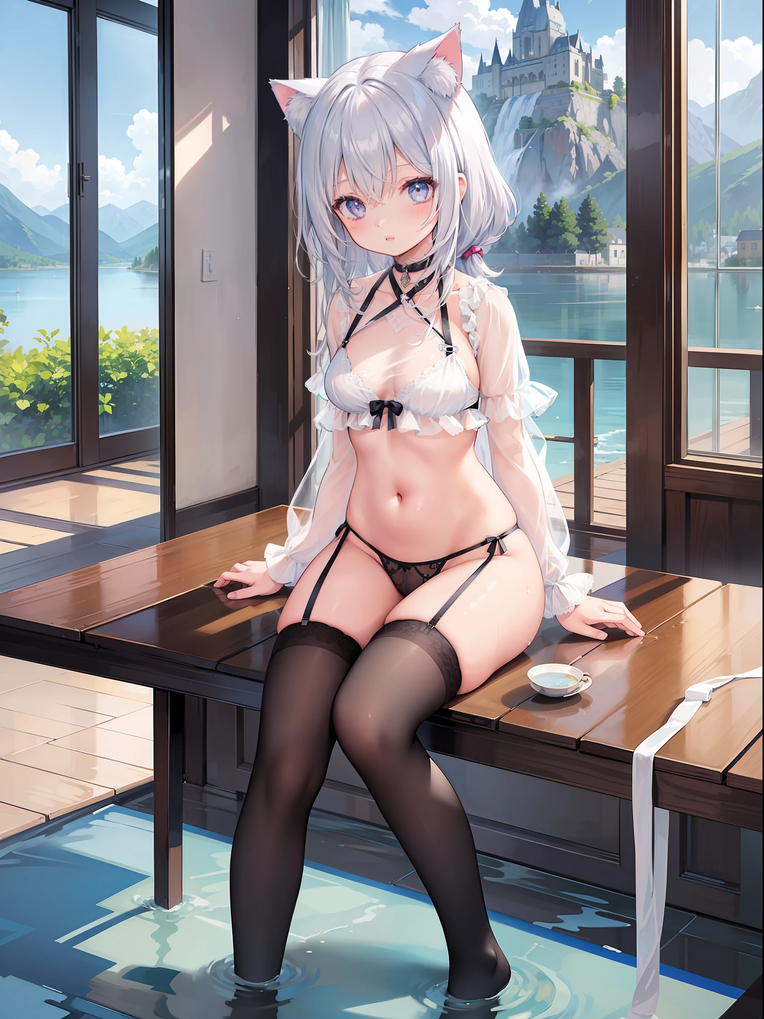 (Masterpiece), (Best Quality Anime Illustration), (Super Definition), One Girl, Solo, Beautiful Girl with Silver Hair, Anime Loli, Cat Ear Loli, See-Through Sexy Lingerie, Wet Sheer, Cottage with Mountain and Lake View